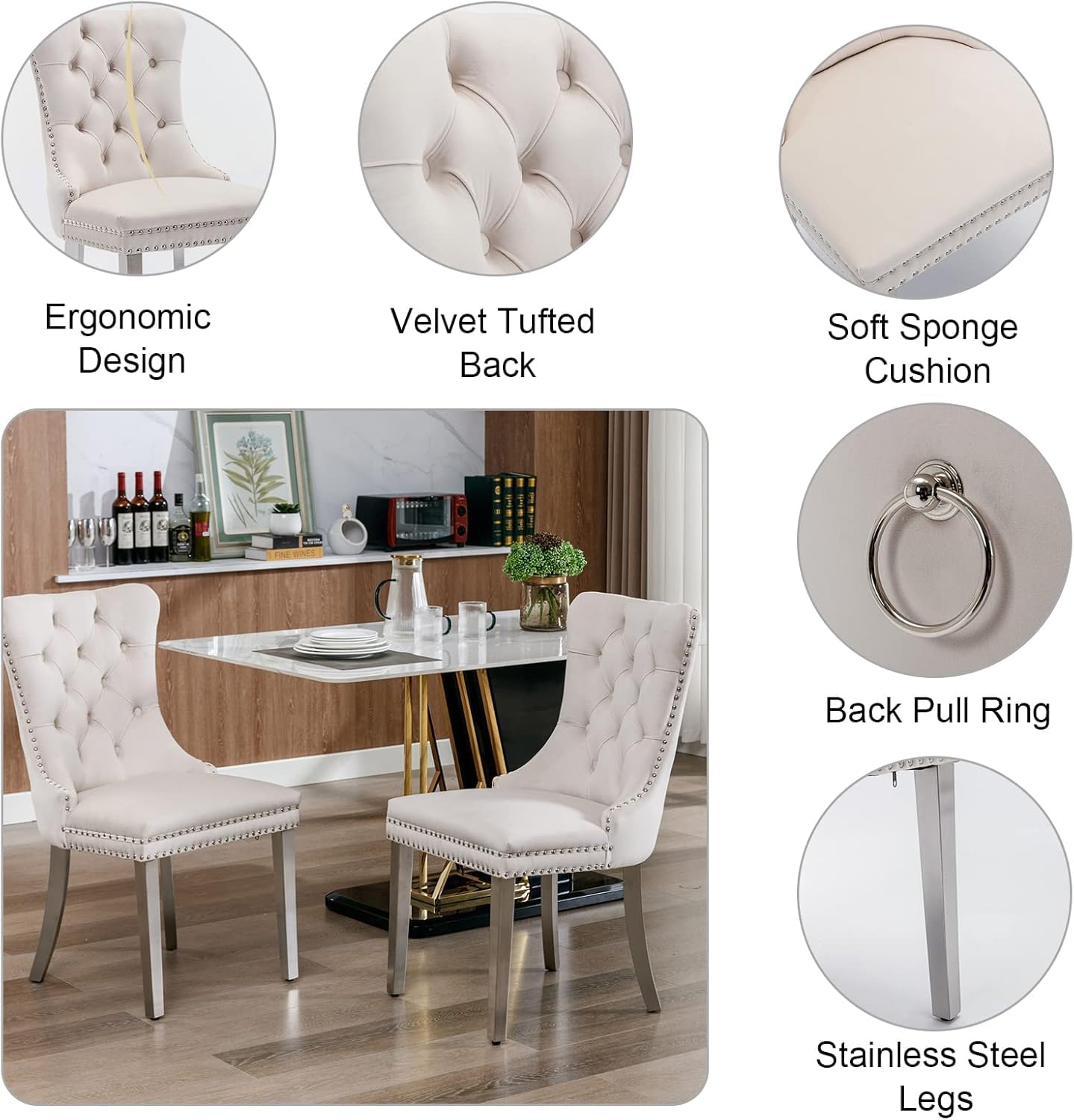 Pvillez 68.11" Marble Dining Table Set, White Dining Table with 6 Beige Velvet Chairs, Rectangle Kitchen Table and Chair Set with Silver Stainless Steel Base, Luxury 7 Piece Dining Set for Kitchen