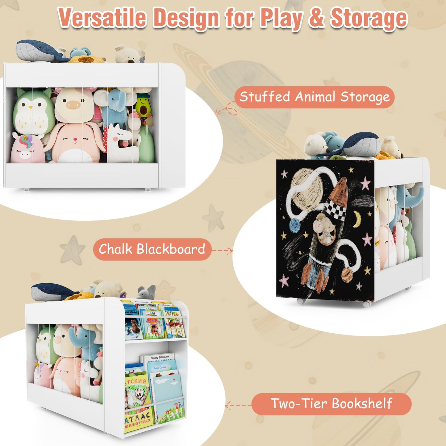 VortinT 3-in-1 Toy Storage Box with Bookshelf and Chalkboard, Large Stuffed Animal Toy Chest on Wheels, Kids Toy Storage Organizer Bin for Kids Room, Nursery & Playroom, for Kids, White