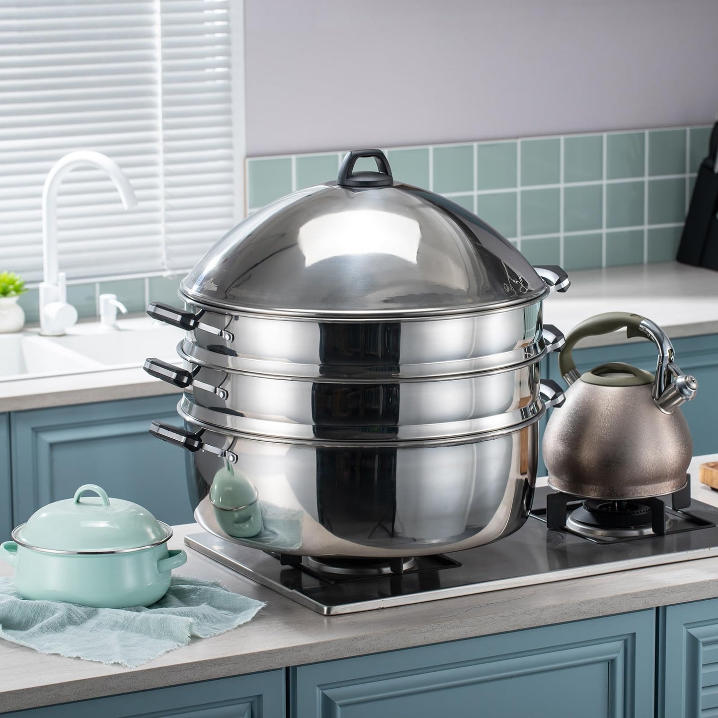 LetFeng Steamer Pot for Cooking 19 inch Steam Pots with Lid 3-Tier Multipurpose Stainless Steel Steaming Pot Cookware with Handle for Vegetable, Dumpling, Stock, Sauce, Food