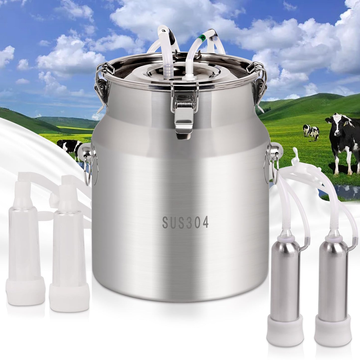 KHEARPSL 8L Cow/Goat Two-in-One Rechargeable Electric Milker, Goat Milker Machine, Cow Milking Machine, The Latest Pulsation Vacuum Pump with Pressure Gauge, 304 Stainless Steel Bucket (Rechargeable)