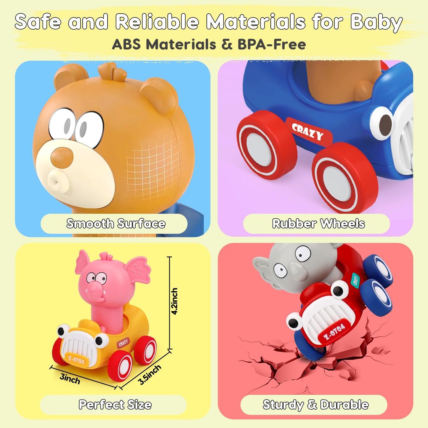 AugToy Press and Go Toy Cars for Toddlers 1-3, Animal Racing Cars Infant Baby Toys 6-9-12-18 Months, Cars Toys for 1 2 Year Old Boy Girl Gifts, One 1st First Year Old Boy Girl Birthday Easter Gifts