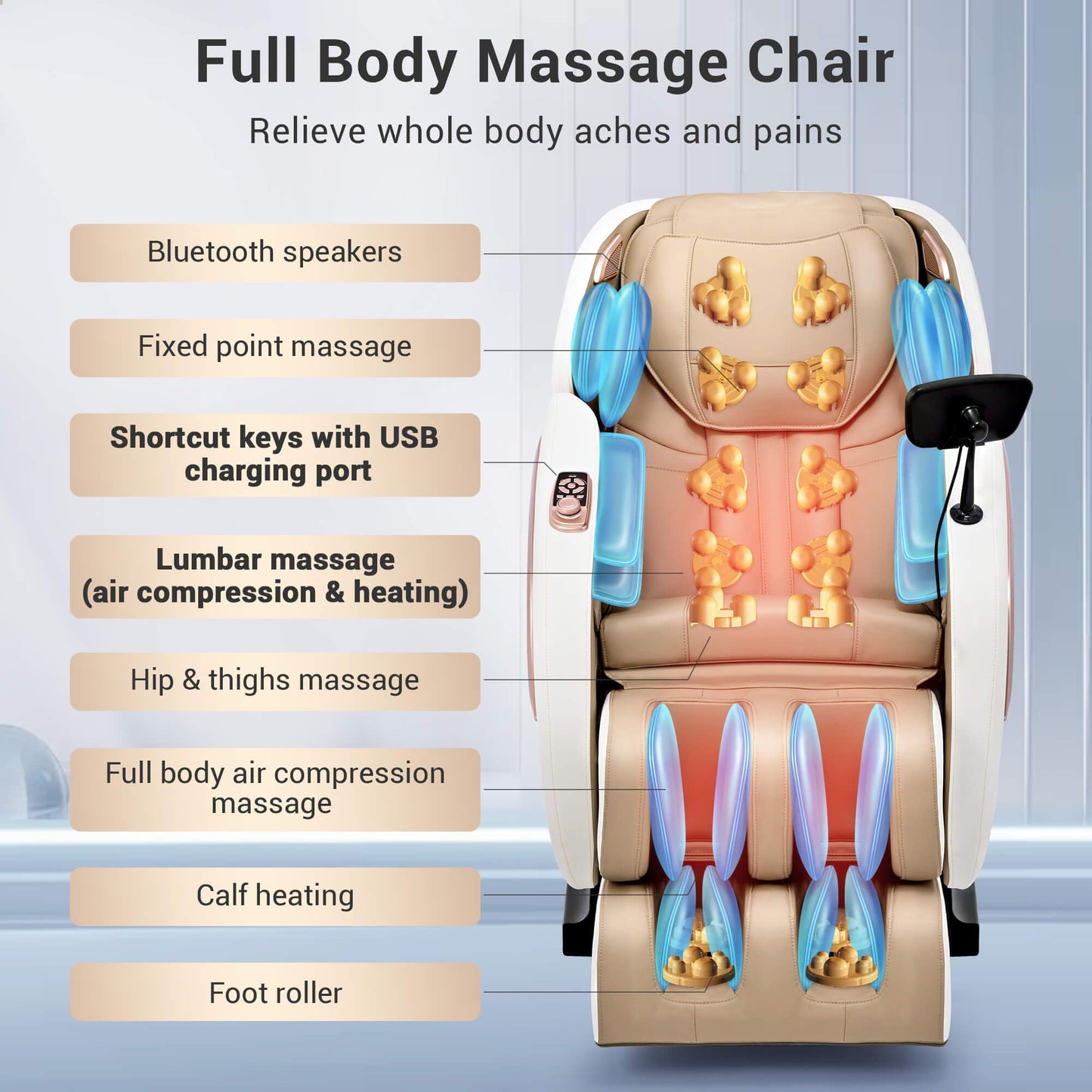 Mazzup Massage Chair Full Body with Heat, Full Body Zero Gravity Shiatsu Massage Chair, Kneading Recliner w/ 20 Auto Modes, Foot Massage, Bluetooth, USB Charging Port, Touch Screen Controller