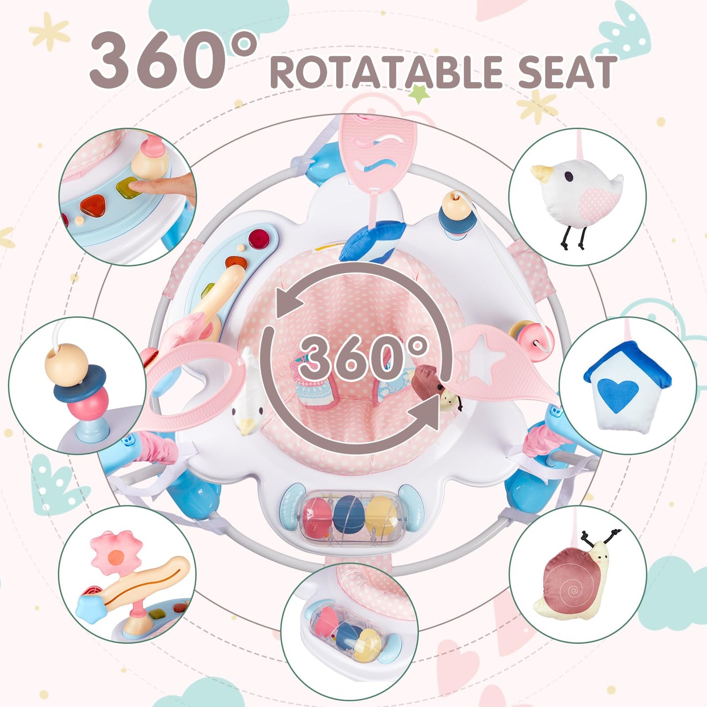 Furmubei Baby Activity Center, 3-in-1 Baby Jumper, Infant Activity Center with 360° Rotating Seat, Music, Lights, 3 Adjustable Heights, Infant Activity Jumper for 6+ Months JP2402