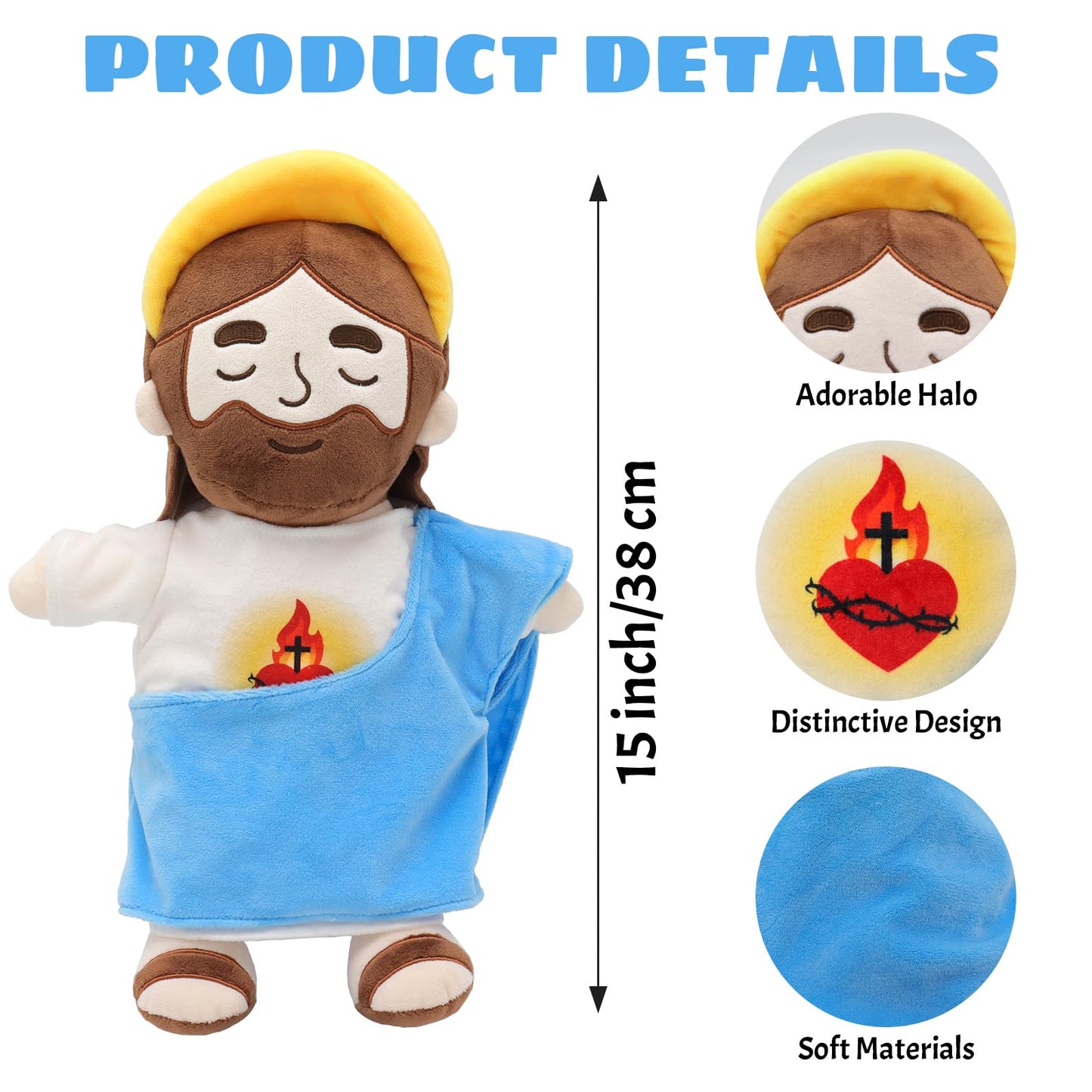 Yelakey Soothing Jesus Plush Toys with Light & Sound, 15" Jesus Stuffed Breathing Plushy Doll, Christian Catholic Religious Plushie Christmas Easter Gifts for Kids Baby (Blue)
