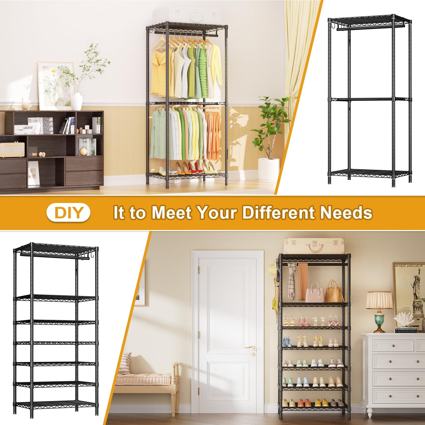 Ulif E13C Heavy Duty Closet Organizer System，Freestanding Clothing Racks for Hanging Clothes，Adjustable Garment Rack 63" W x 16" D x 77" H Hold 960 lbs，Black Clothing Rack with Black Dustproof Cover