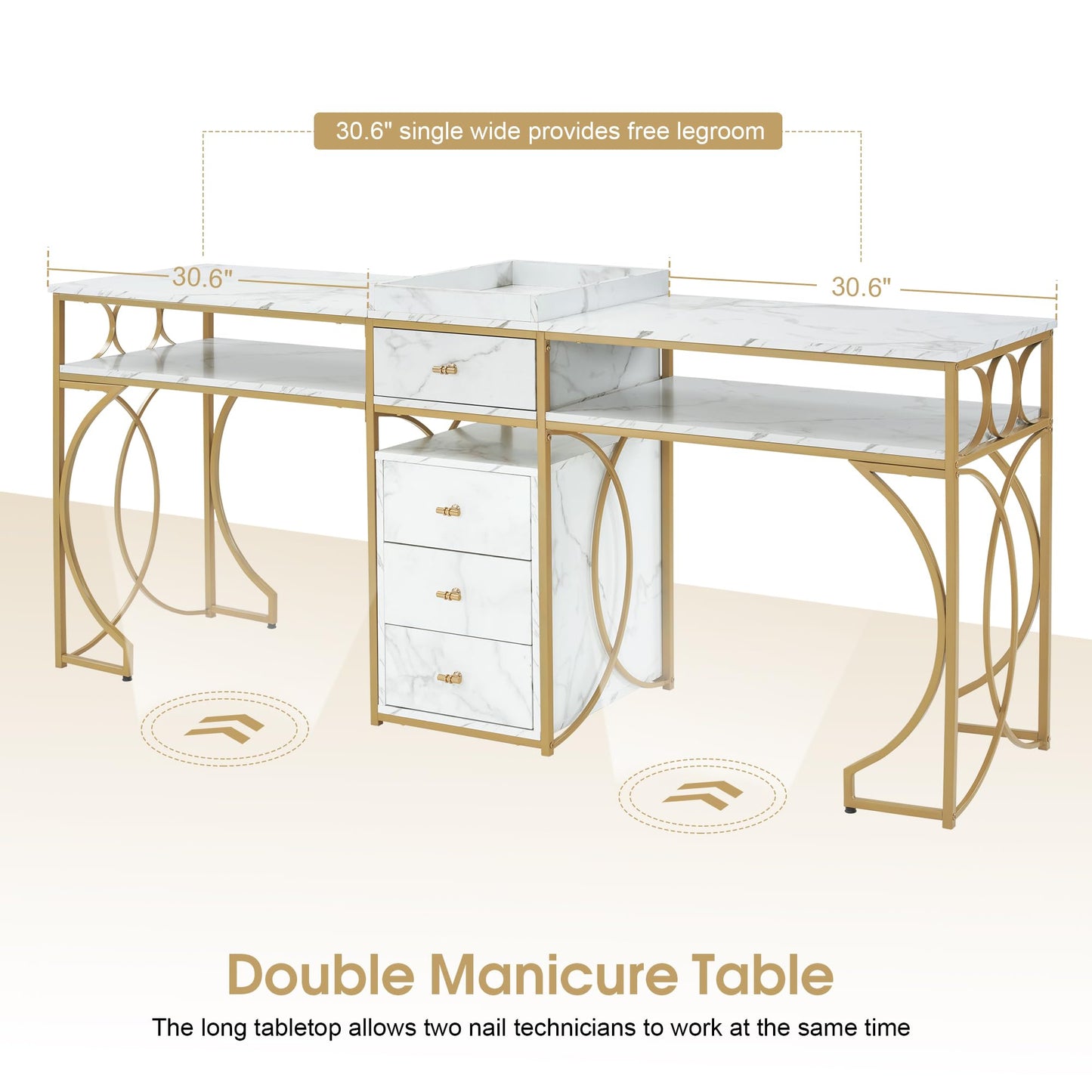 BarberPub Double Manicure Table, Nail Marbling Texture Station for 2 Person, Long Nail Desk with Storage Drawers & Metal Frame 2488 (White)