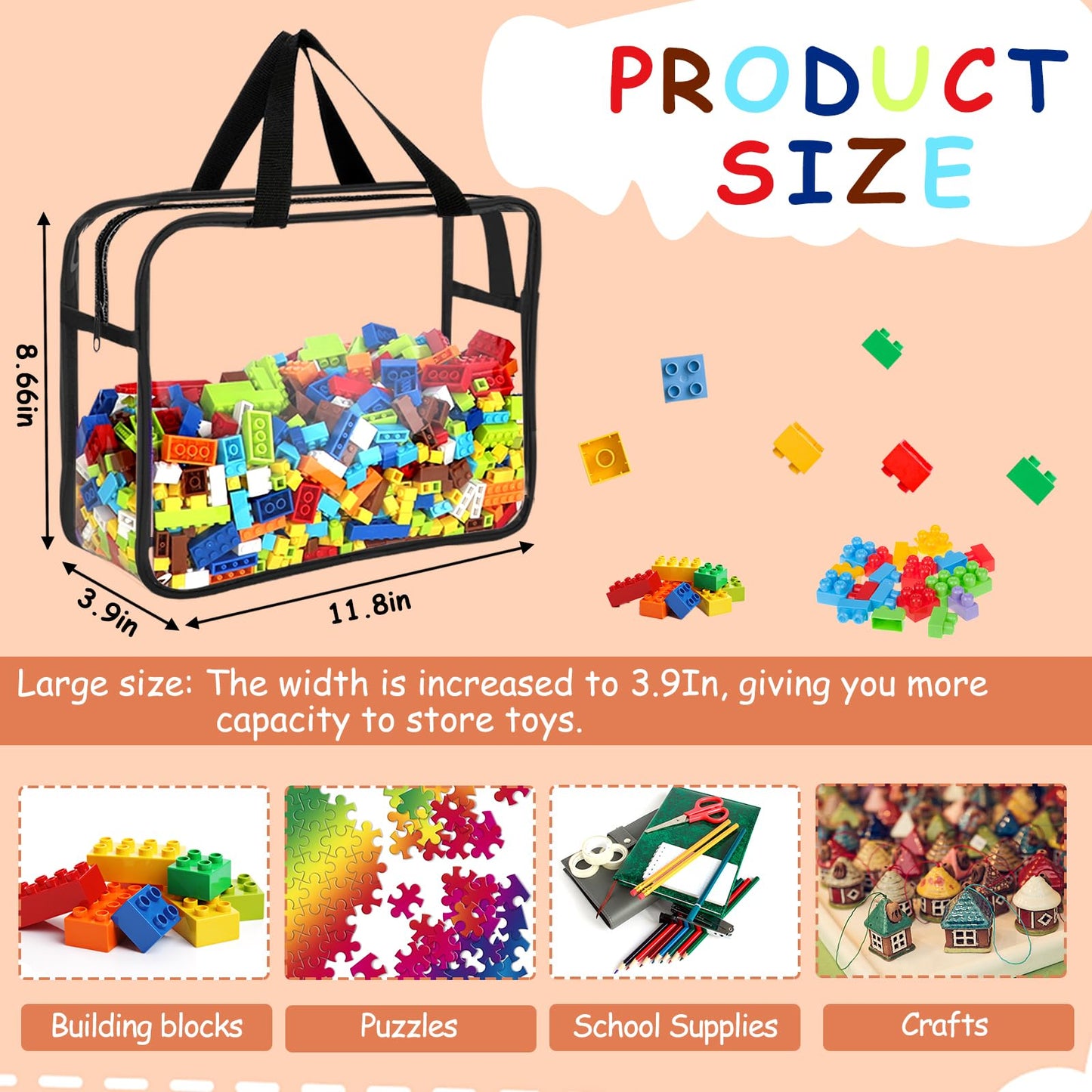 6 Packs Large Toy Storage Bags with Labels, Reusable Clear PVC Board Game Storage, Travel Waterproof Organizer Bags with Zipper for Building Blocks, Puzzle, Kids Books