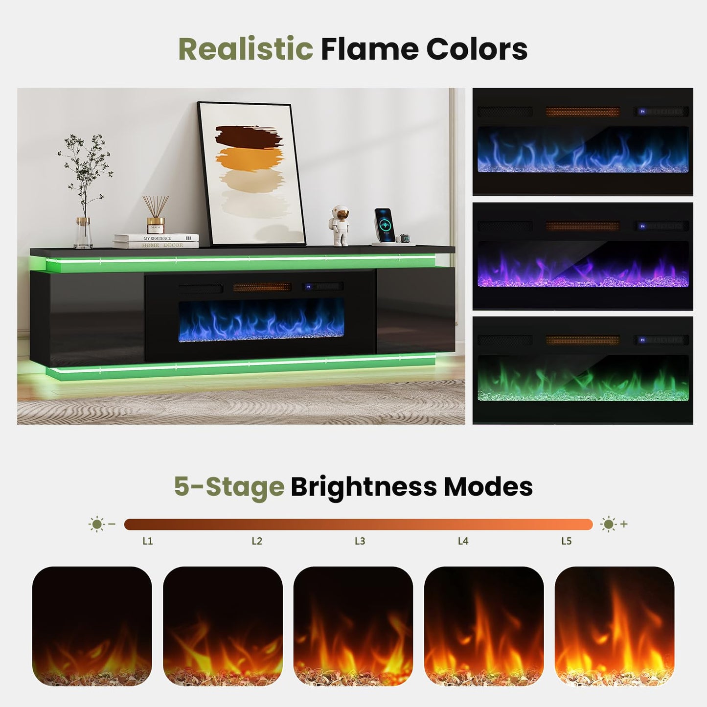Lamtor Fireplace TV-Stand with 40" Fireplace - 2 LED Light TV-Stand for 85 inch TVs, Entertainment Center with 4 AC Power Outlets, 2 Tier TV Consoles Stand for Living Room, Black