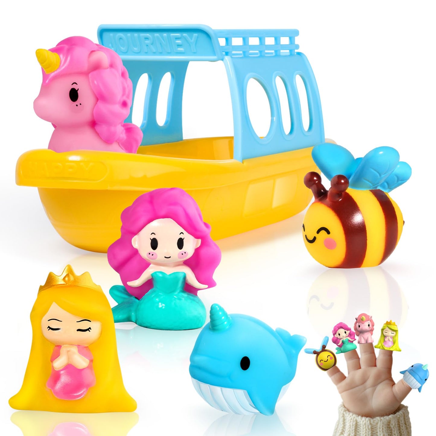 Oriate Mermaid Princess Finger Puppets Bath Toys(5 PCS) for Kids Toddlers 1-3 with Bath Boat, Baby Bathtub Shower Toys, Animal Whale Bee, Floating Water Beach Pool Toys Easter Eggs