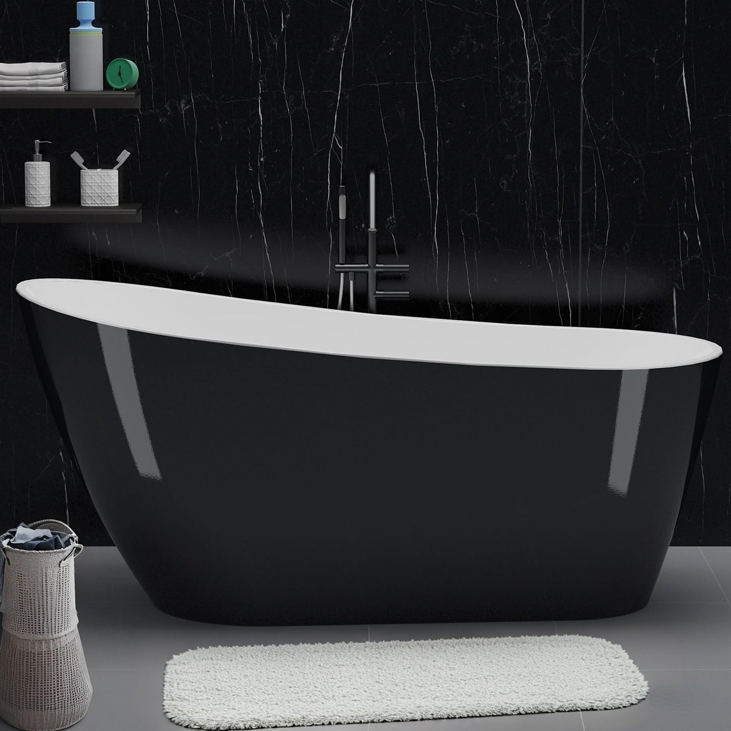 59-Inch Acrylic Freestanding Soaking Bathtub, Deep Standalone Tub with Chrome Drain & Overflow, Black & White Modern Design for Small Bathroom Remodel and Spa