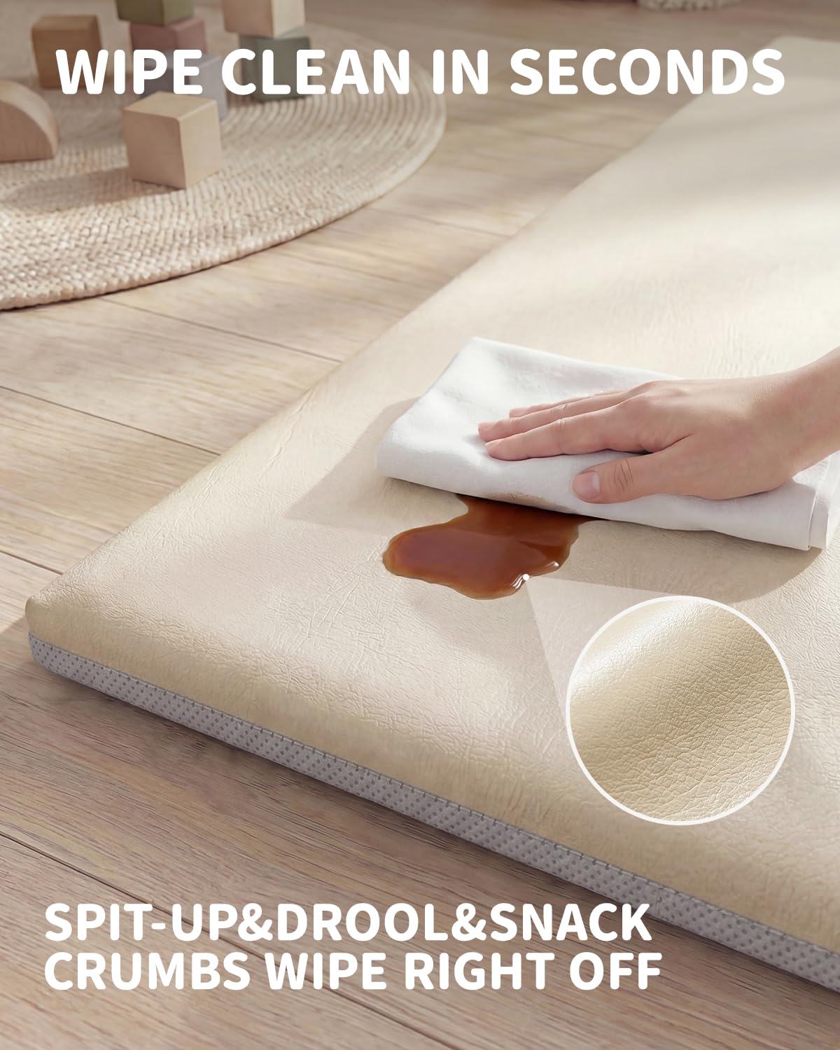 Joypony Baby Play Mat for Floor 50x50, 1.5” Thick Vegan Leather Crawling Mat with Removable Cover, Waterproof Playpen Mat for Infants and Toddlers, Wipe-Clean Kids Playmat, Cream