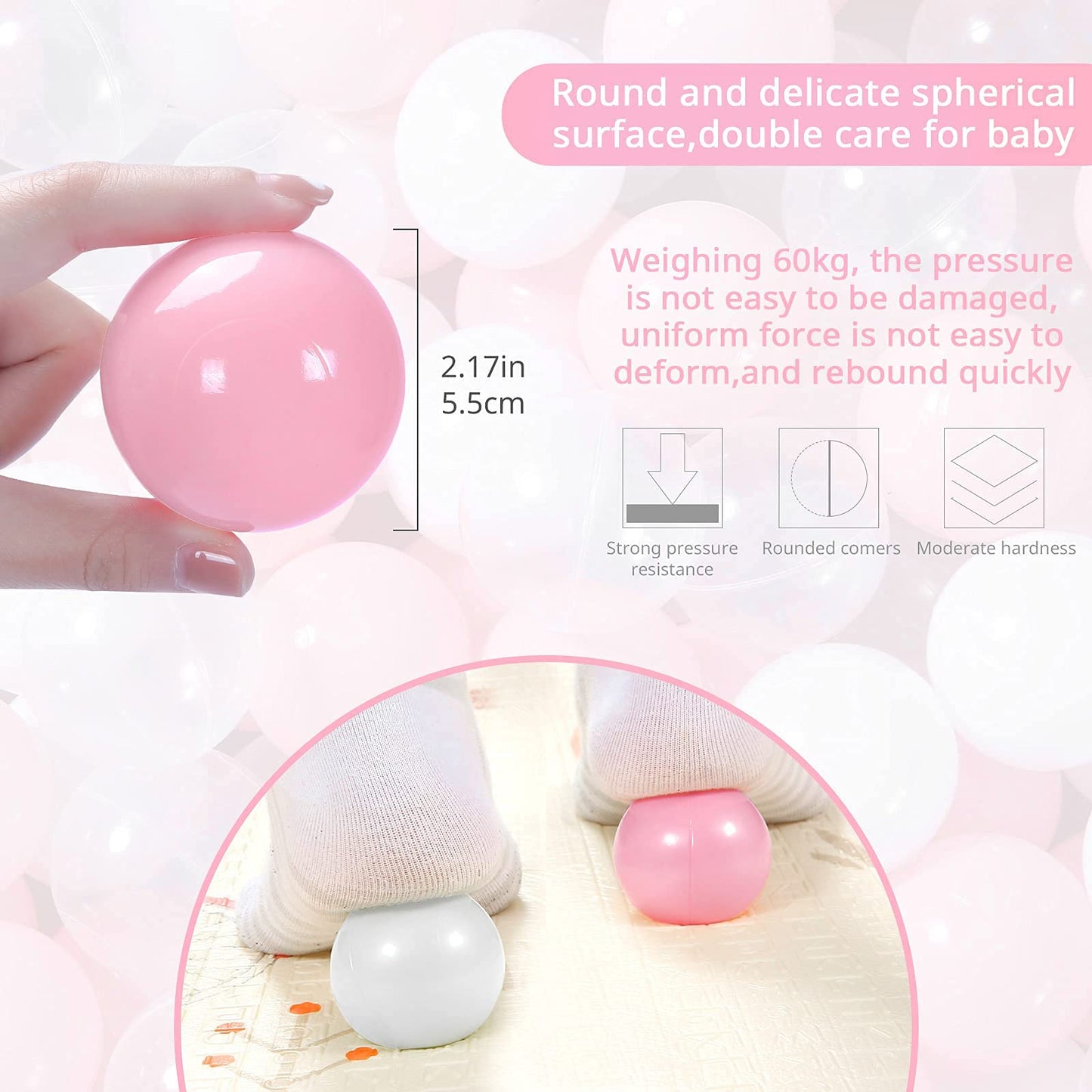 Heopeis Balls for Ball Pit, 100 pcs 2.2 Inches Thicken Soft Plastic Balls for Ball Pool, Crush Proof Ball Pit Balls BPA Phthalate Free Baby Toddler Toy Ball with 3 Color Pink White and Clear