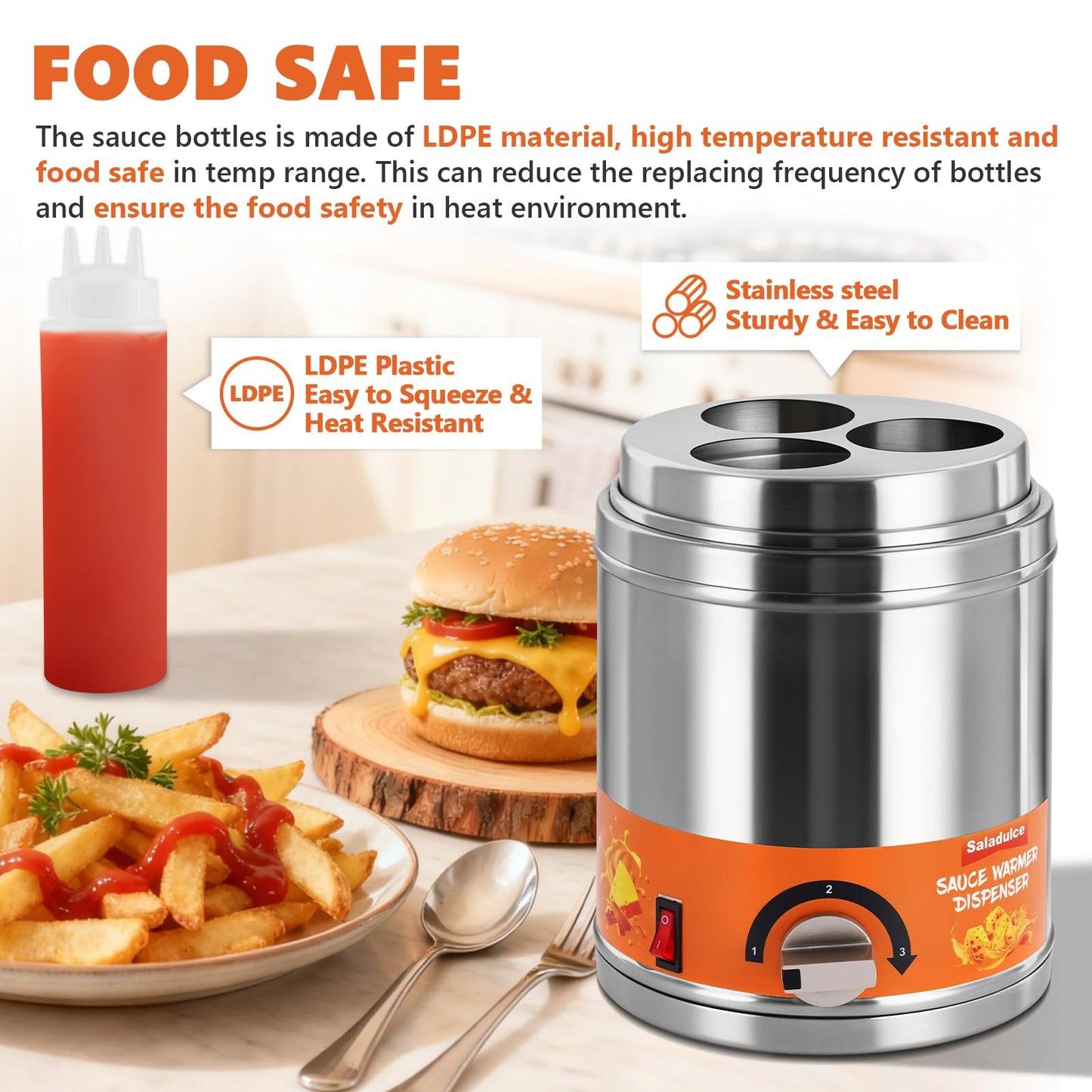 Electric Sauce Warmer Dispenser Commercial Cheese Sauce Bottles Warmer Hot Fudge Warmer Dispenser 3-Bottles Warmer for Cheese Sauce Hot Chocolate Fudge Caramel 86-185℉ 110V