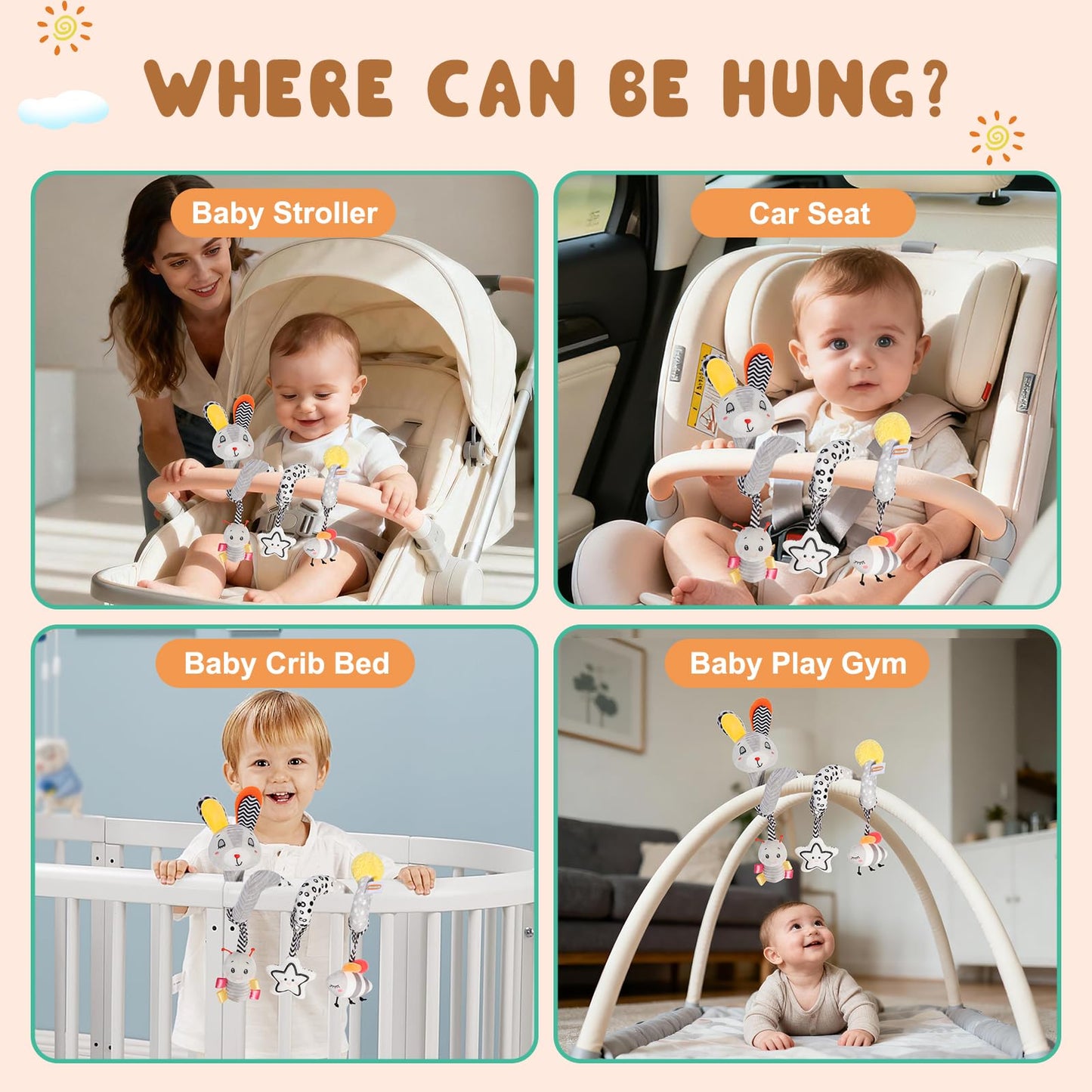 JINBOBUBU Baby Spiral Activity Toy, Stroller & Car Seat Hanging Toy for 0-12 Months, High Contrast Newborn Sensory Toy with Rattle & Crinkle Paper, Infant Travel Plush Toy for Crib Bassinet