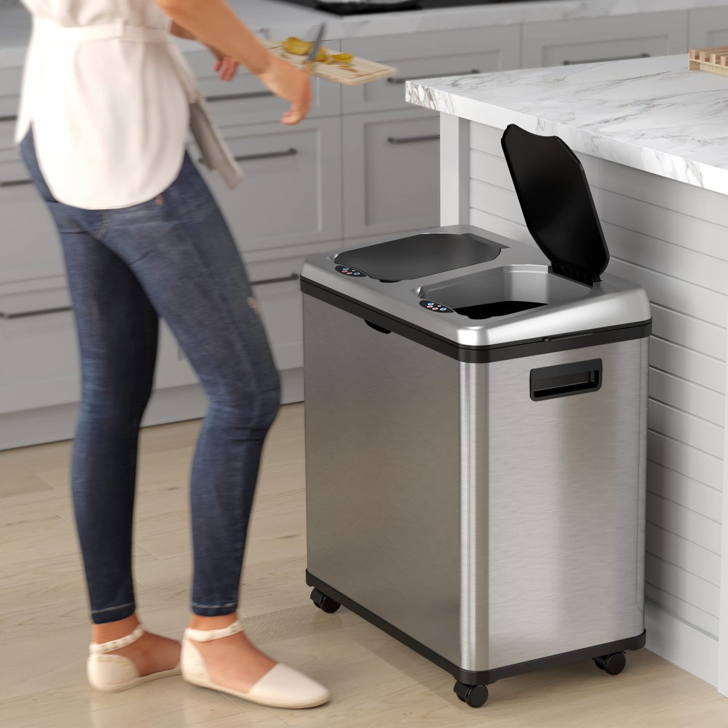 iTouchless 16 Gallon Touchless Sensor Kitchen Trash Can and Recycle Bin with Wheels, 60 Liter Stainless Steel Dual-Compartment (2 x 8 Gallon) Combo Recycling and Garbage Trashcan