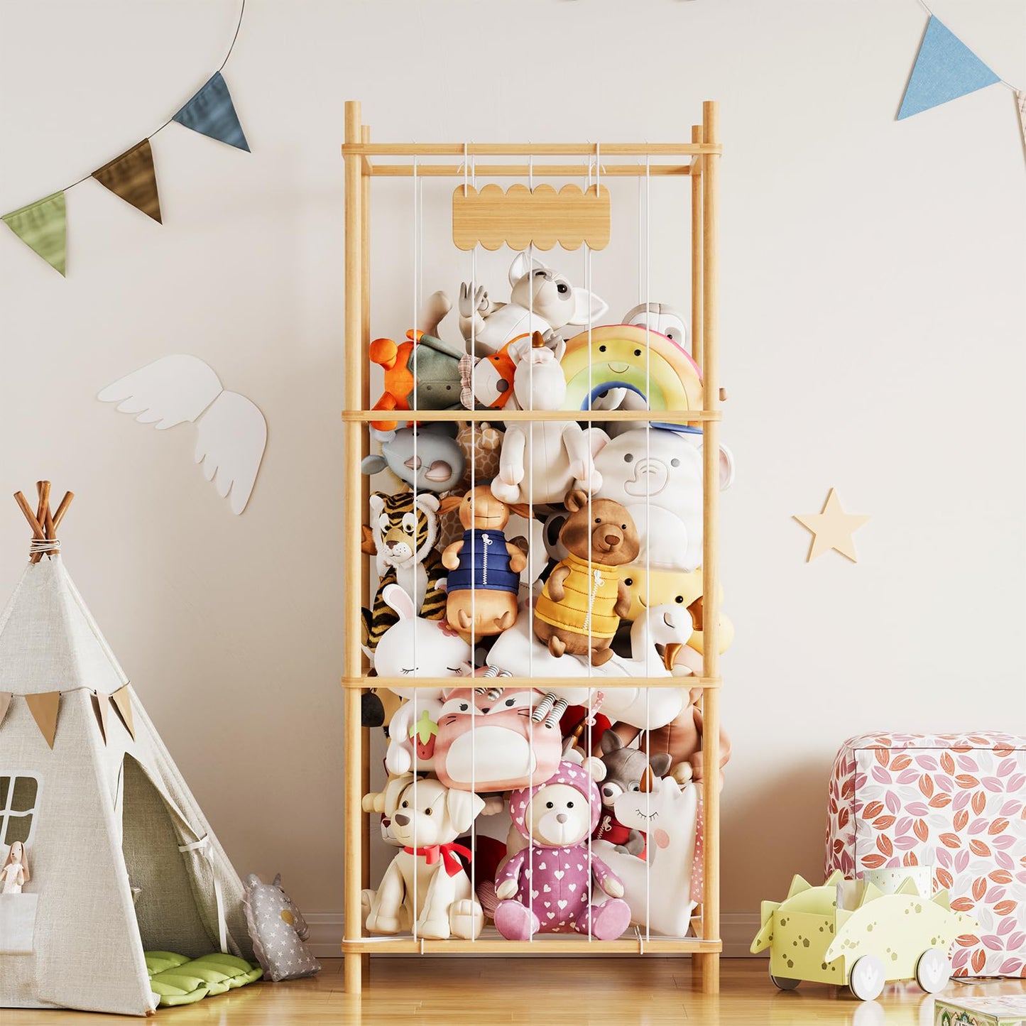 SpaceAid Stuffed Animal Storage Organizer, Wood Animals Zoo Toy Plushies Storage Holder, Large Capacity Plush Toy Cage for Playroom Organization, 22.8" Wide, Natural