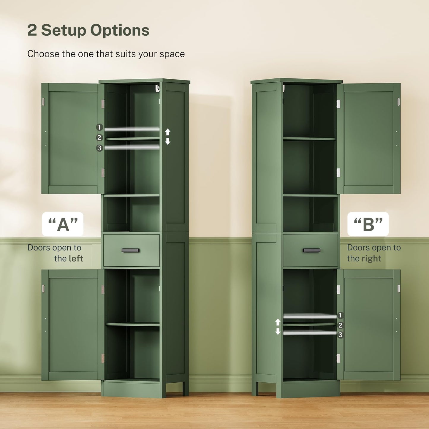 TEENFON 67" H Tall Bathroom Storage Cabinet with Barn Doors and Drawer, Narrow Bathroom Cabinet, Narrow Storage Unit, Adjustable Shelves, Floor Cabinets for Living Room, Forest Green UNSNG091V