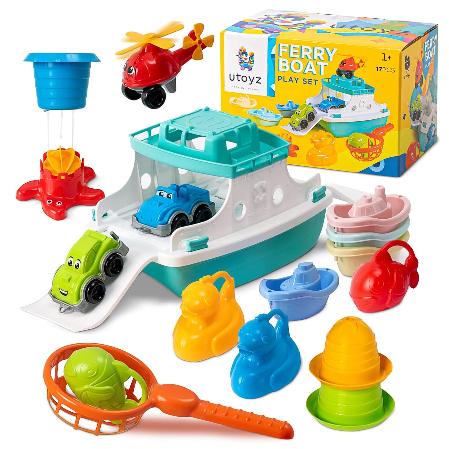 uToyz Ferry Boat Kids Bath Toy Set – 17 Pcs Toddler Pool Toys with Stacking Cups, Toy Ferry Boat, Train, 2 Cars & A Helicopter Addition for Fun Water Play, Toddler Bath Toys for 1 Year Old & Up