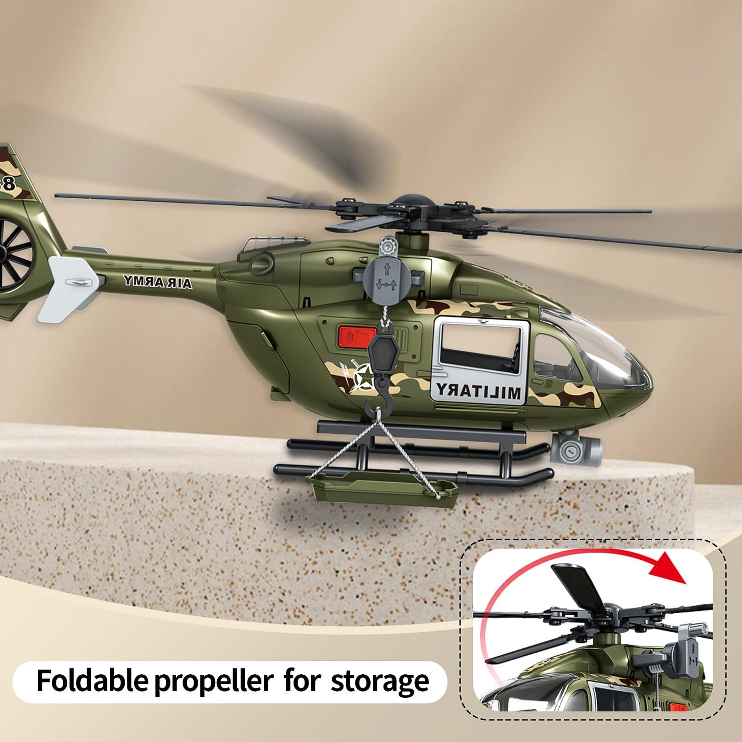 XUEXUE Large Military Helicopter Toy 15 Inch, Army Green Kids Helicopter with Crane & Hanging Tray, Toy Helicopter with Lights and Sounds, Helicopter Toys for Kids 3-5, Birthday Gift for Boys Age 3-7
