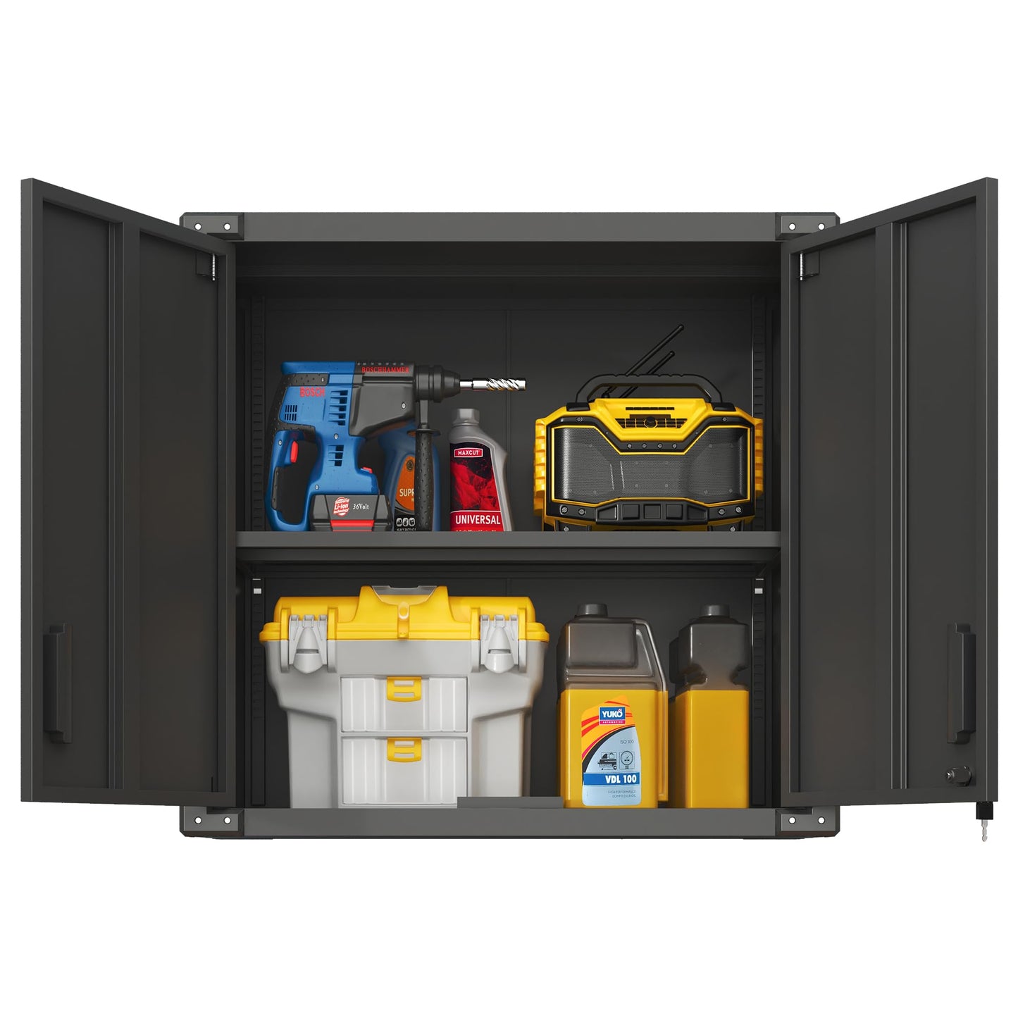 Metal Wall-Mounted Tool Storage Cabinet with 2 Locking Door 1 Adjustable Shelf 1 Opened Drawer for Garage Warehouse,Office,Assembly Required