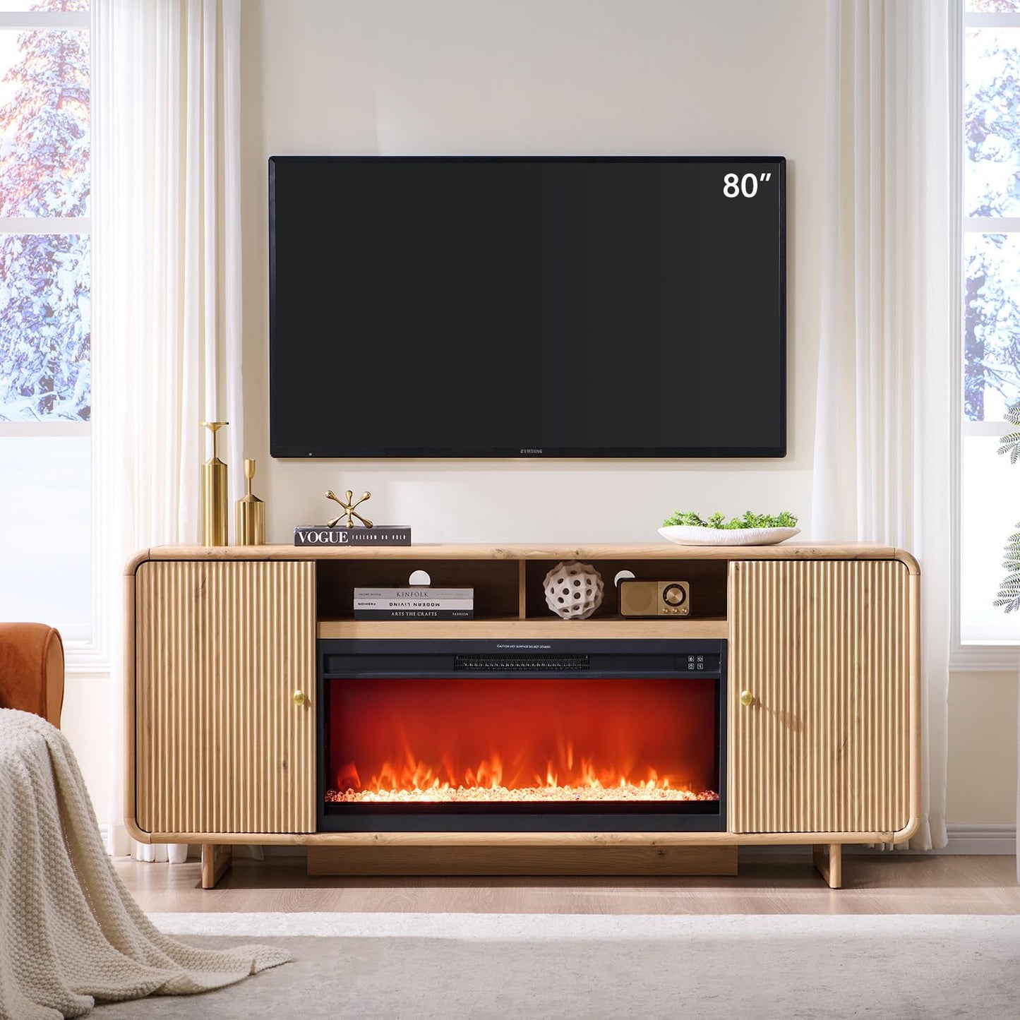 IFGET 70" Fluted Fireplace TV Stand for 80 Inch TV, Modern Entertainment Center w/36'' Electric Fireplace, Wood Media Console w/Curved Profile Design and Adjustable Shelves for Living Room,Natural Oak
