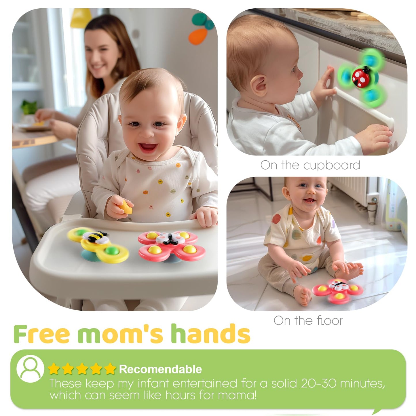 ALASOU 6 PCS Suction Cup Rotating Toys(3 Farm+3 POP) for Infant and Toddlers