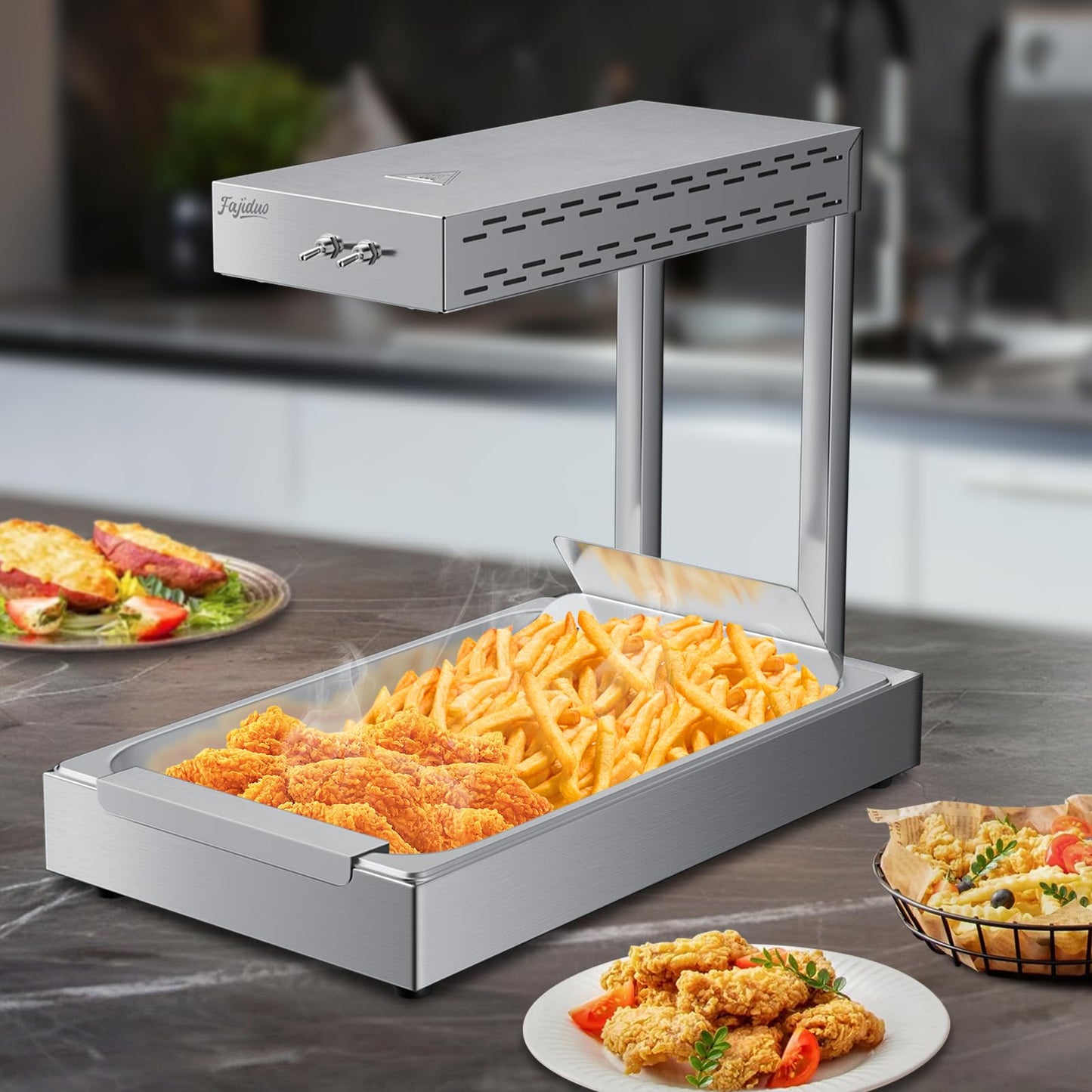 Fajiduo French Fry Food Warmer, 750W Electric Stainless Steel Warming Light Dump Station, 5.5QT Commercial Food Heating Lamp, Countertop Fries Food Warmer for Parties Kitchen Restaurant Buffe(Silver)