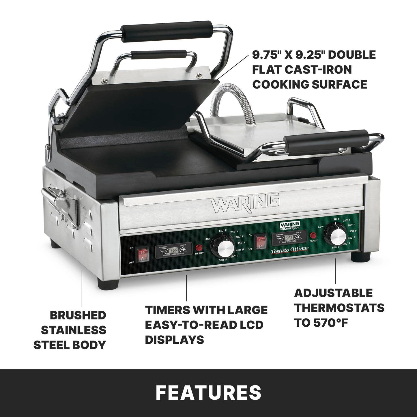 Waring Commercial WFG300T Dual Flat Panini Grill with Timer, 240-volt