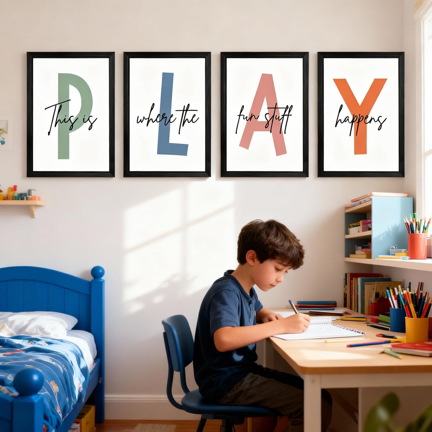 Cute Alphabet Play Framed Wall Art Set of 3, Natural Educational Alphabet Wooden Sign for Baby Girl Kid Boy Toddlers, Black Boho Preschool English Letters Nursery Decor for Homeschool Playroom