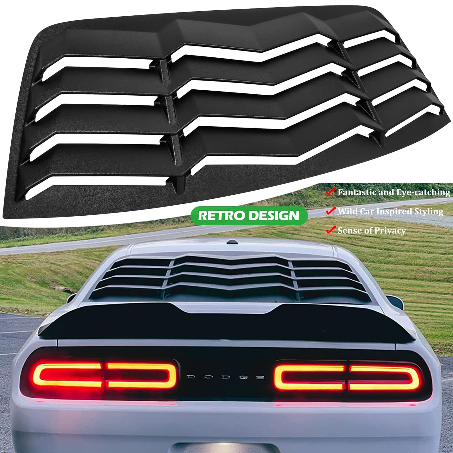 Bonbo Rear+Side Window Louver Fits for Dodge Challenger 2008-2022 2023 in GT Lambo Style Custom Fit Windshield Sun Shade Cover ABS (Matte Black)