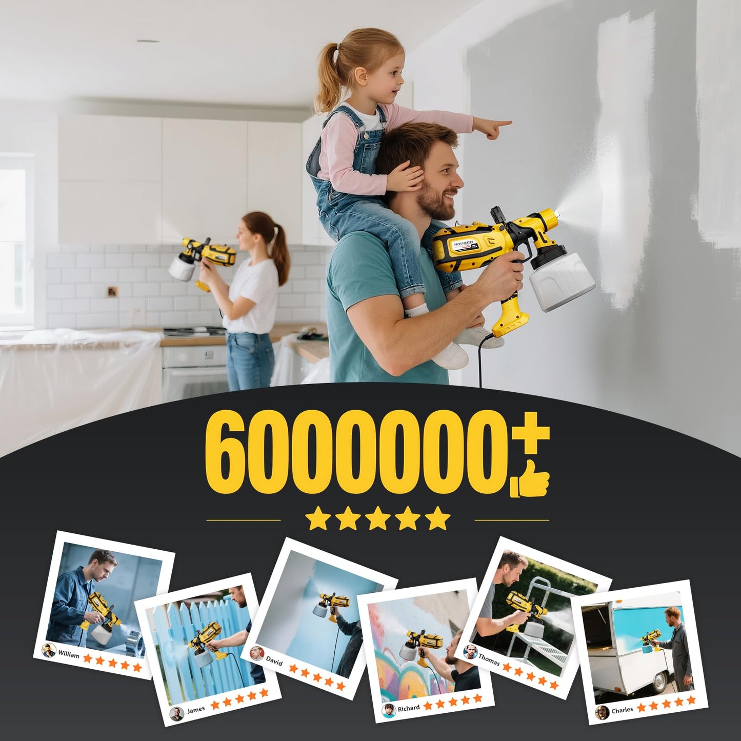 Paint Sprayer for House Painting, Paint Sprayer with 1000W Powerful Copper Motor, 1400ml (47oz) Container, 6 Brass Nozzles & LED Light, Easy to Clean for House, Fence, Furniture, Walls, DIY, Garden