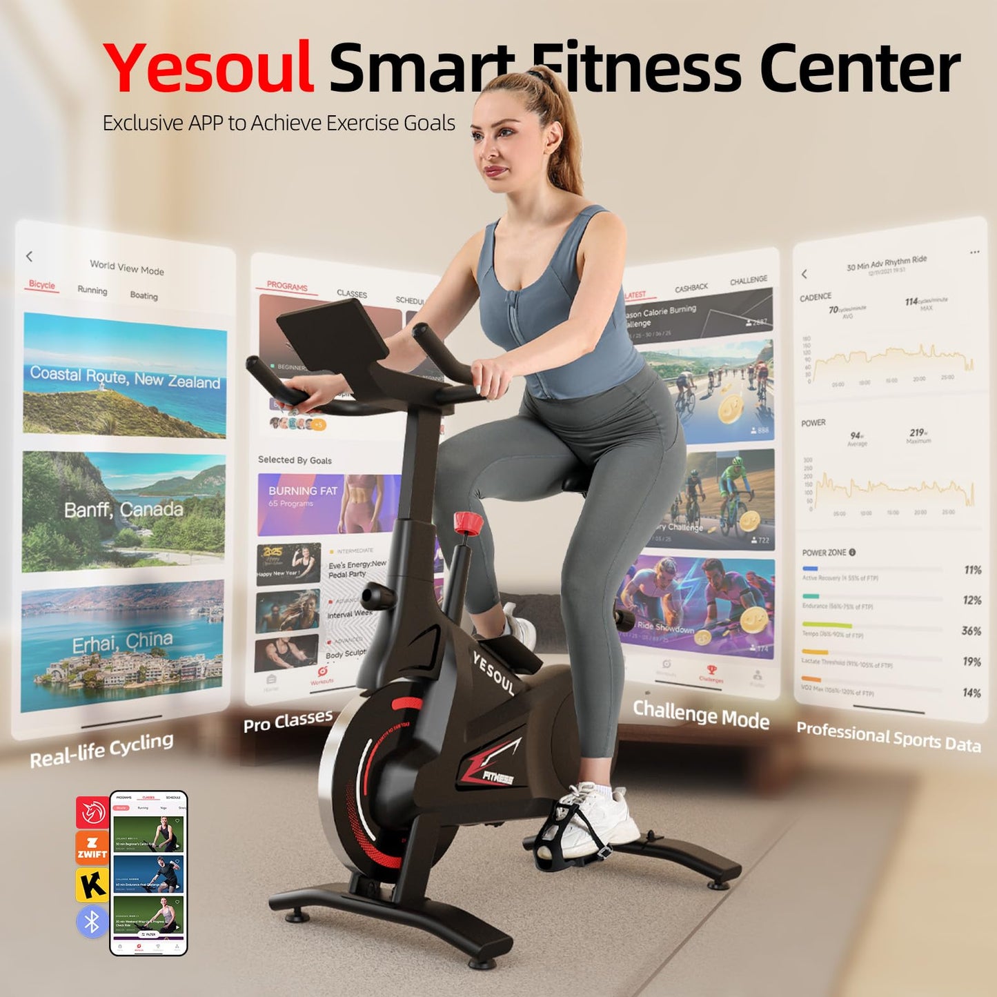 YESOUL Self-Powered Exercise Bike with Dynamic LED Lights – Stable Triangle Frame, Dual-Stage Drive, 300 lbs Capacity, Silent Magnetic Resistance, Compact Indoor Stationary Bike for Home