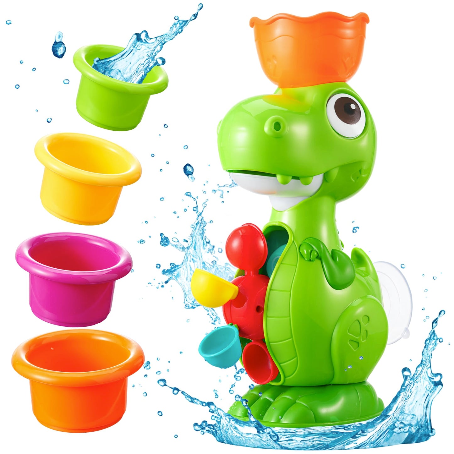 Dinoland Dinosaur Bath Toys for Kids Ages 1-3, Baby Bath Toy with 4 Water Cups and Spinning Wheels, Fun Educational Bathtub Toy for Kids Age 2-4 Boys and Girls, Suction Cup Wall Mount
