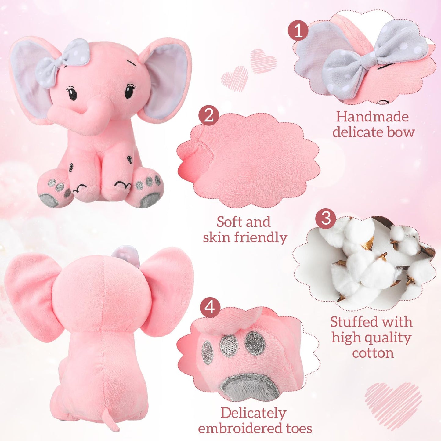 HyDren 12 6 Pieces Elephant Stuffed Animals 8 Inch Big Ear Stuffed Elephant Animal Plush Toy Gift for Baby Shower Boys Girl, Woodland Nursery Bed Decor Birthday Party Supplies (Pink)