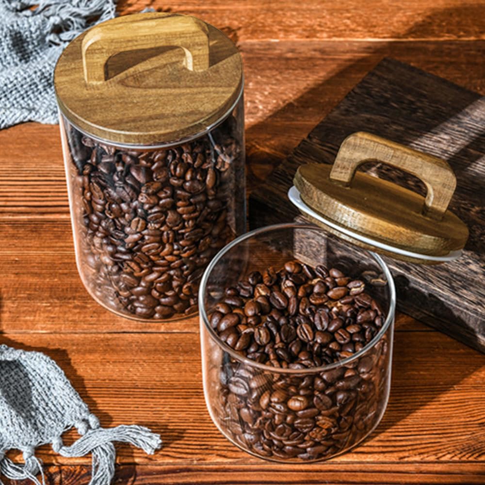Glass Food Storage Containers, Clear Decorative Organizer Bottle Canister Pantry Jar with Air Tight Wooden Lid, Glass Jar With Lid for Coffee Bean Candy Cookie Noodles Nuts Spices etc, 27oz/800ml