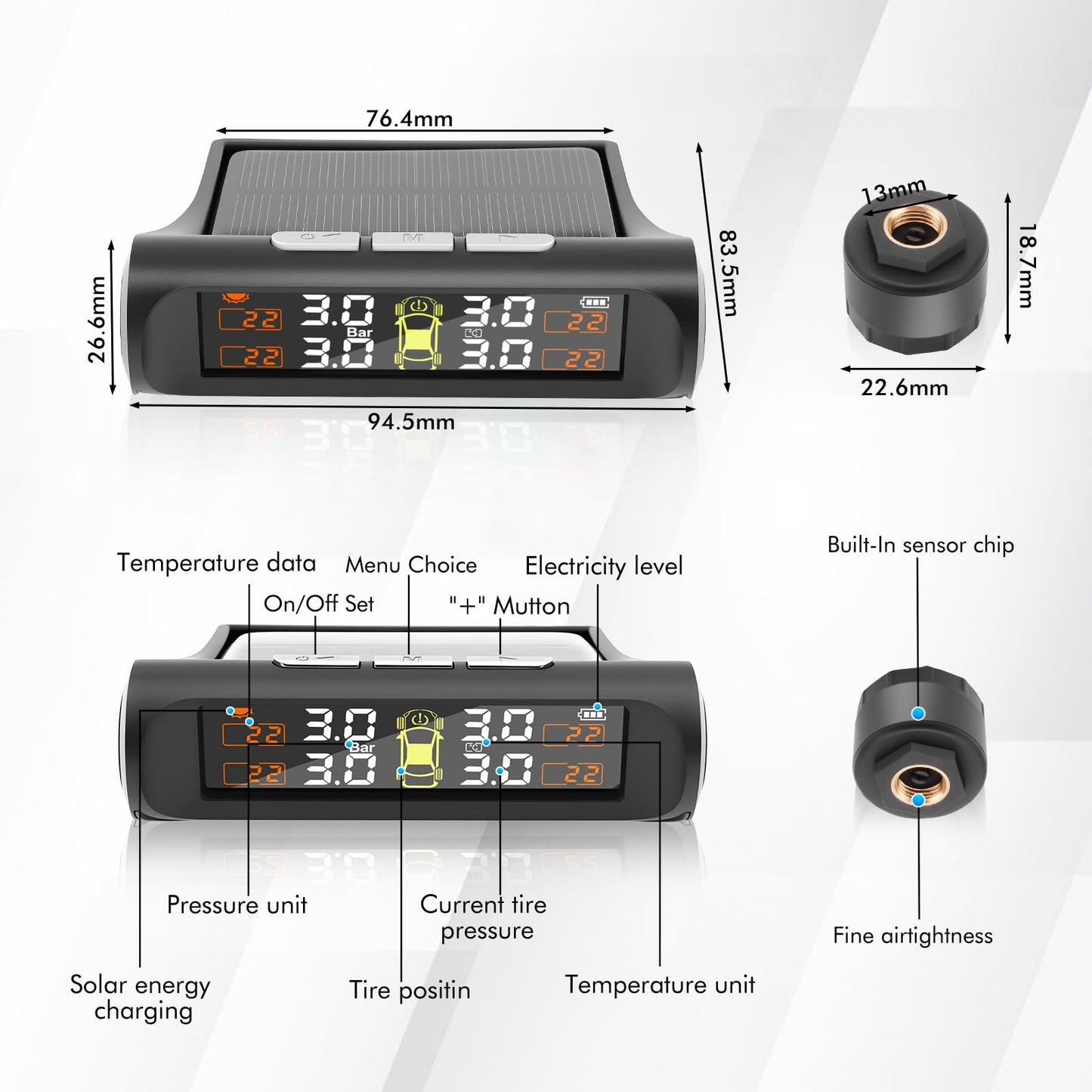 Avutrel Tire Pressure Monitoring System,TPMS with Solar Charging&USB Charging,5Alarm Modes, Real Time Monitoring Pressure and Temperature, Auto& Color Display Screens,Suitable for 4 Wheeled Vehicles