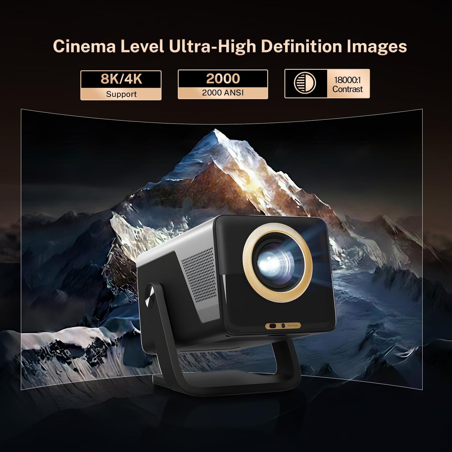 [2000 ANSI/AI Visual Calibration/4K Support] X7 Native 1080P Smart Projector with Android 14 OS, Portable Movie Projector for Bedroom & Outdoor, AI Auto Focus & Keystone Black & Slate Gray Gold