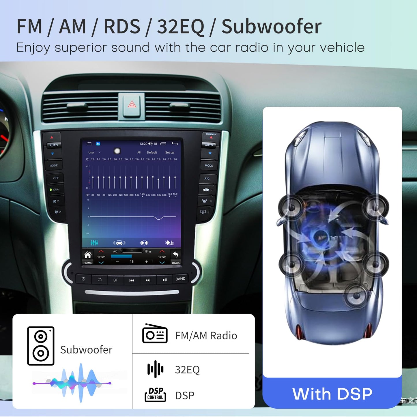 Car Radio for Acura TL 2004-2008 Relacement Stereo Carplay Upgrade Android Auto Tesla Style Display Screen with DSP in Dash Headunit GPS Navigation Multimedia Player Voice Control
