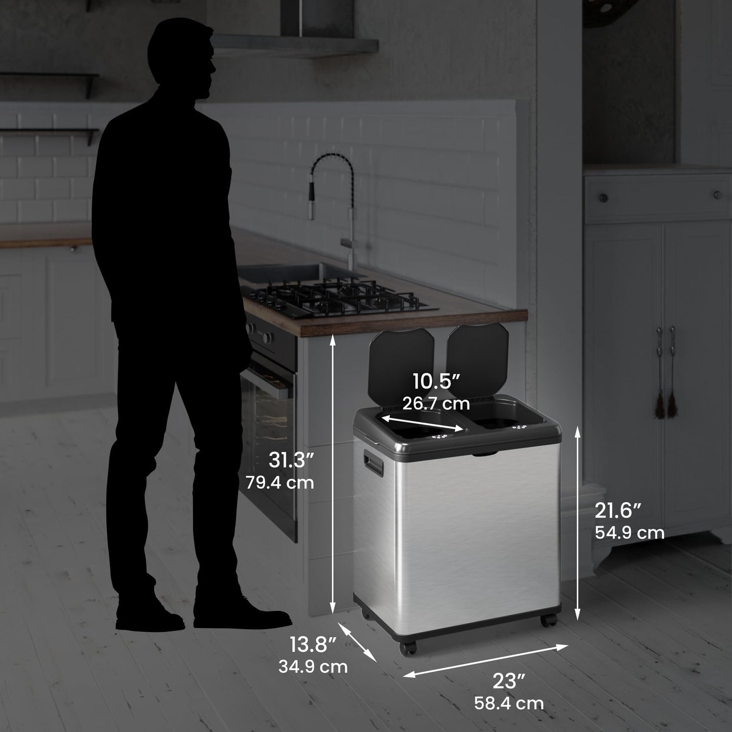 iTouchless 16 Gallon Stainless Steel Dual Compartment Sensor Kitchen Trash Can and Recycle Bin with Wheels – 60L Rectangular Garbage Can with Touchless Motion Sensor Lid & Removable Inner Buckets