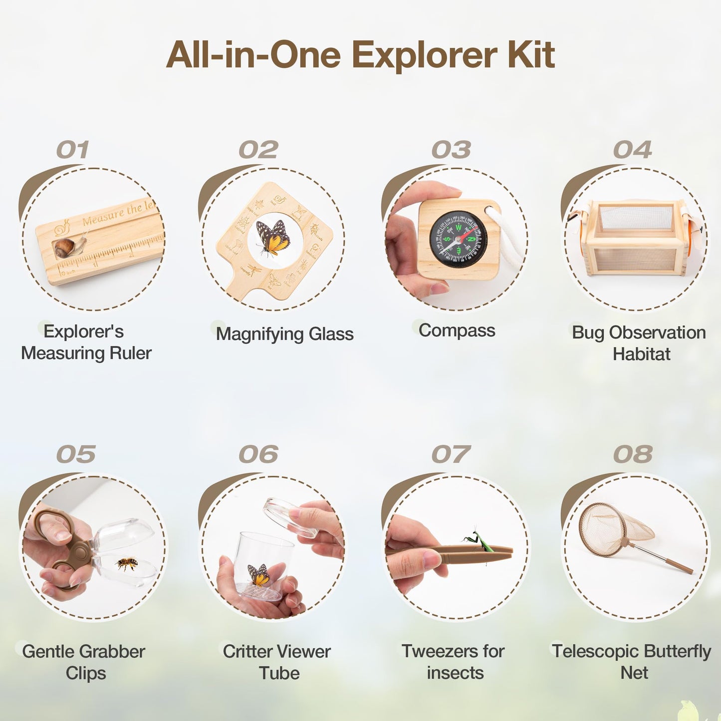 Wooden Bug Catcher Kit for Kids, 16-in-1 Outside Toys for Toddlers STEM Outdoor Explorer Set with 3-Way Observation Habitat, Butterfly Net, Magnifying Glass, Educational Gift for Boys Girls Ages 3-8
