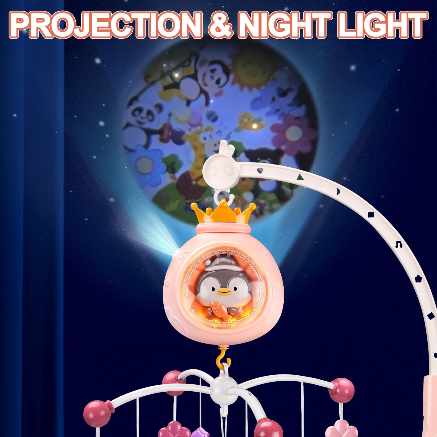 ZFSZSY Crib Mobile with Music and Lights,Mobiles for Cribs, Baby Mobile Arm Toys Hanging for Girls Boys Infants 0-6 6-12 Months, Bassinets Nursery Musical Portable Mobile Clip On Pack and Play(Pink)