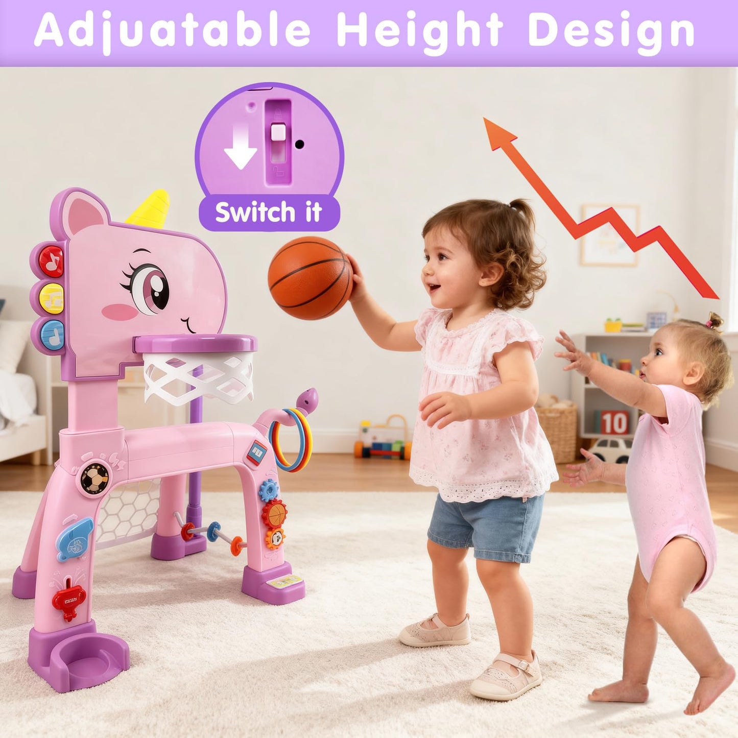 Toddler Basketball Hoop & Soccer Goal Activity Center with Golf Ring Toss, 4 In 1 Toddler Sport Toy with Light & Bilingual Music, Montessori Toy for 1 Year Old Girl Gift (24.2''-27.6'' H)