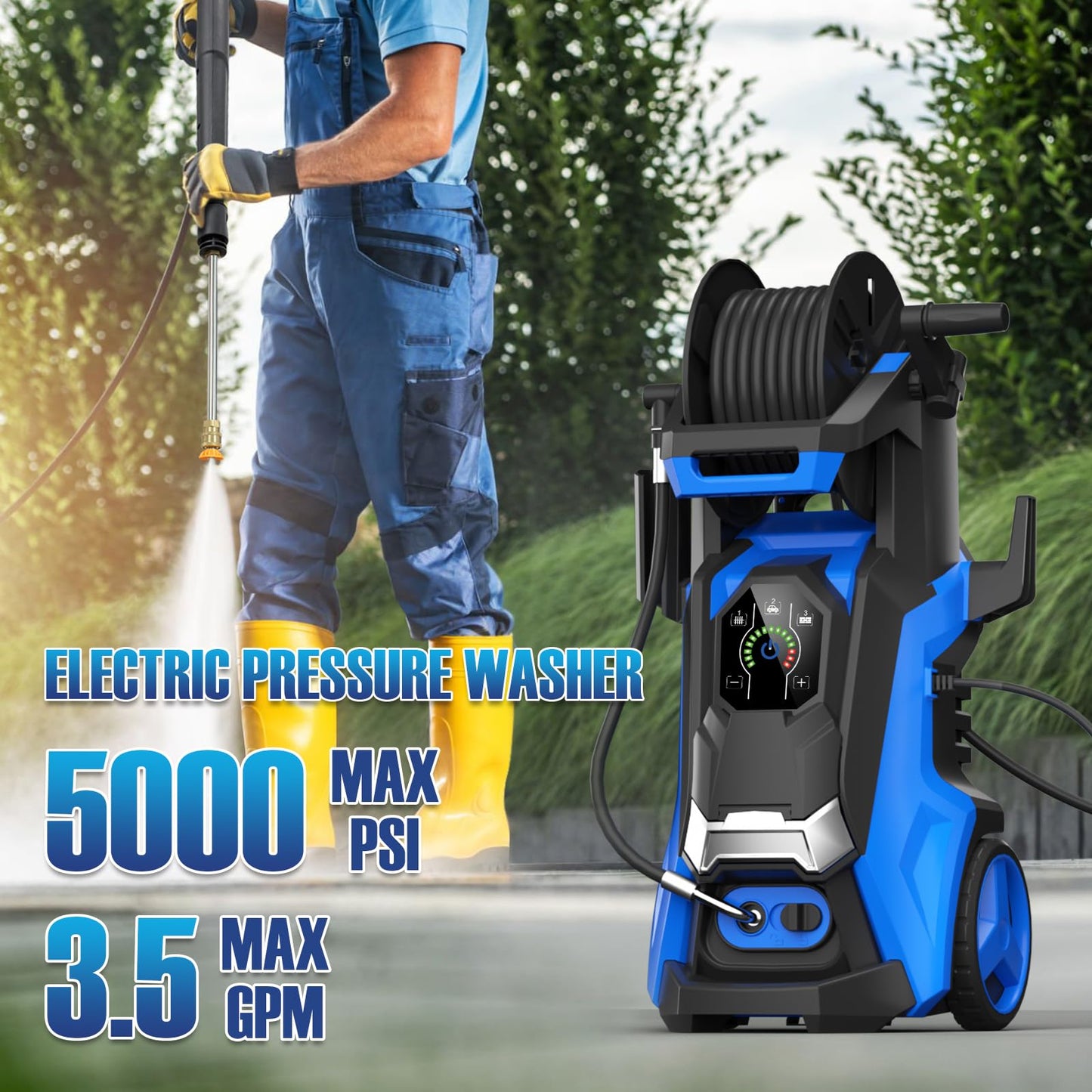 LeHao Pressure Washer 5000PSI-Max 3.5GPM Power Washer Touch Screen Adjustable Pressure,4 Nozzles and 500ml Foam Cannon Power Washer Cleaning for Cars/Fences/Driveways/Patios/Home Cleaning