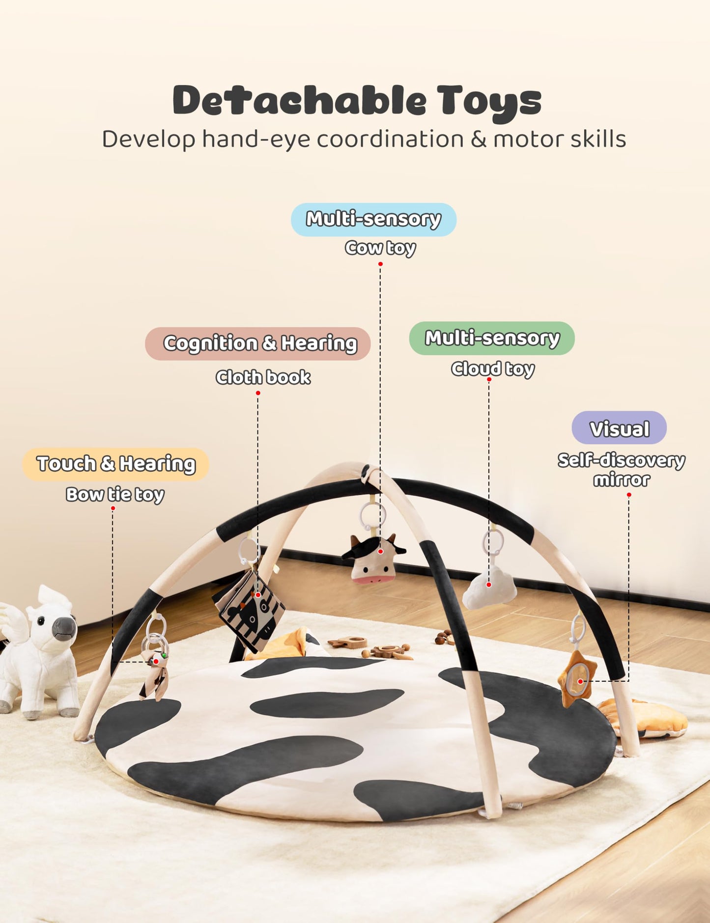 2PM SPORTS Cow Theme Baby Play Mat, Tummy Time Mat for Infant Newborn, Baby Play Gyms & Playmats for 0-3 3-6 6-12 Months, Activity Mat 5 Detachable Toys, Non Slip Gym Mat Easy to Install & Clean