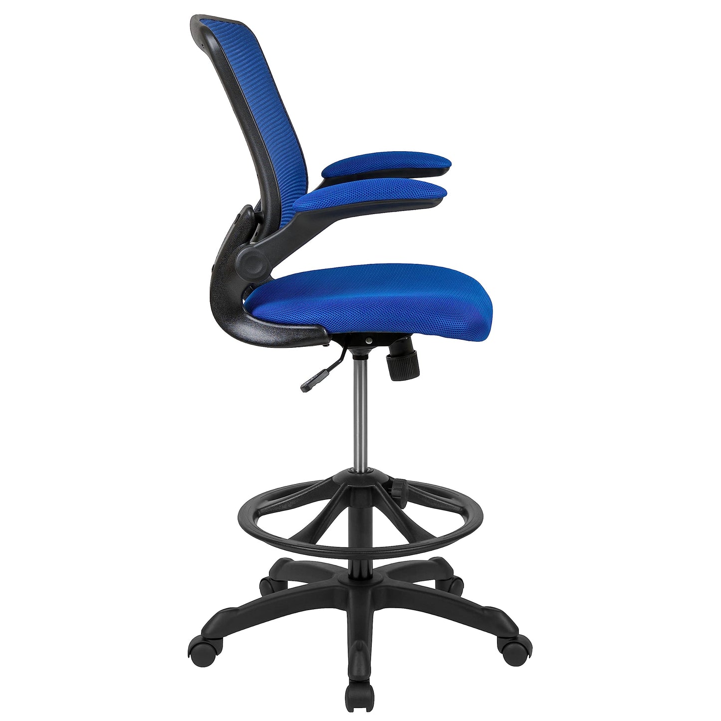 Flash Furniture Kale Mid-Back Blue Mesh Ergonomic Drafting Chair | Adjustable Foot Ring, Flip-Up Arms