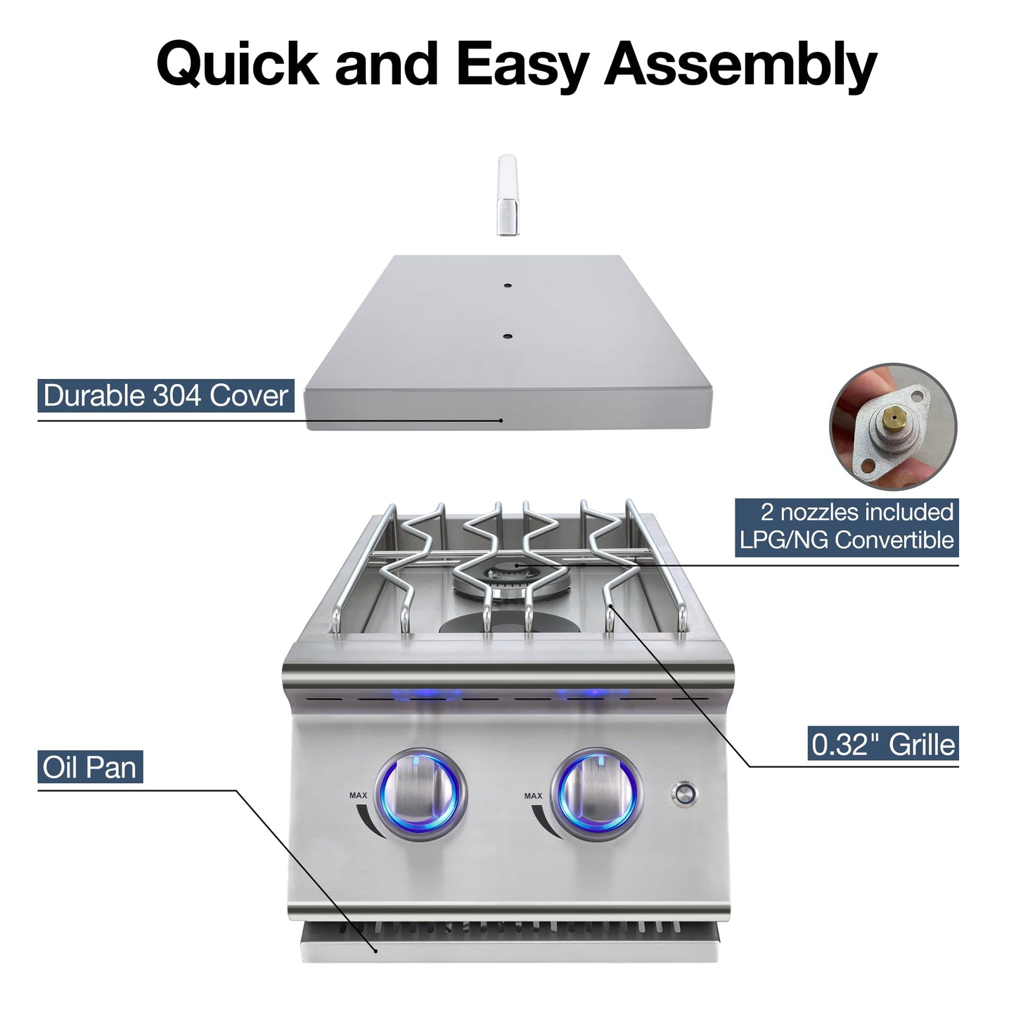 Livory Double Grilling Side Burners for Outdoor Kitchen, 2 * 15,000BTU Natural Gas Burners, Sturdy 304 Stainless Steel, with Liquid Propane Kit, Built-in Side Burner for BBQ Island Grill