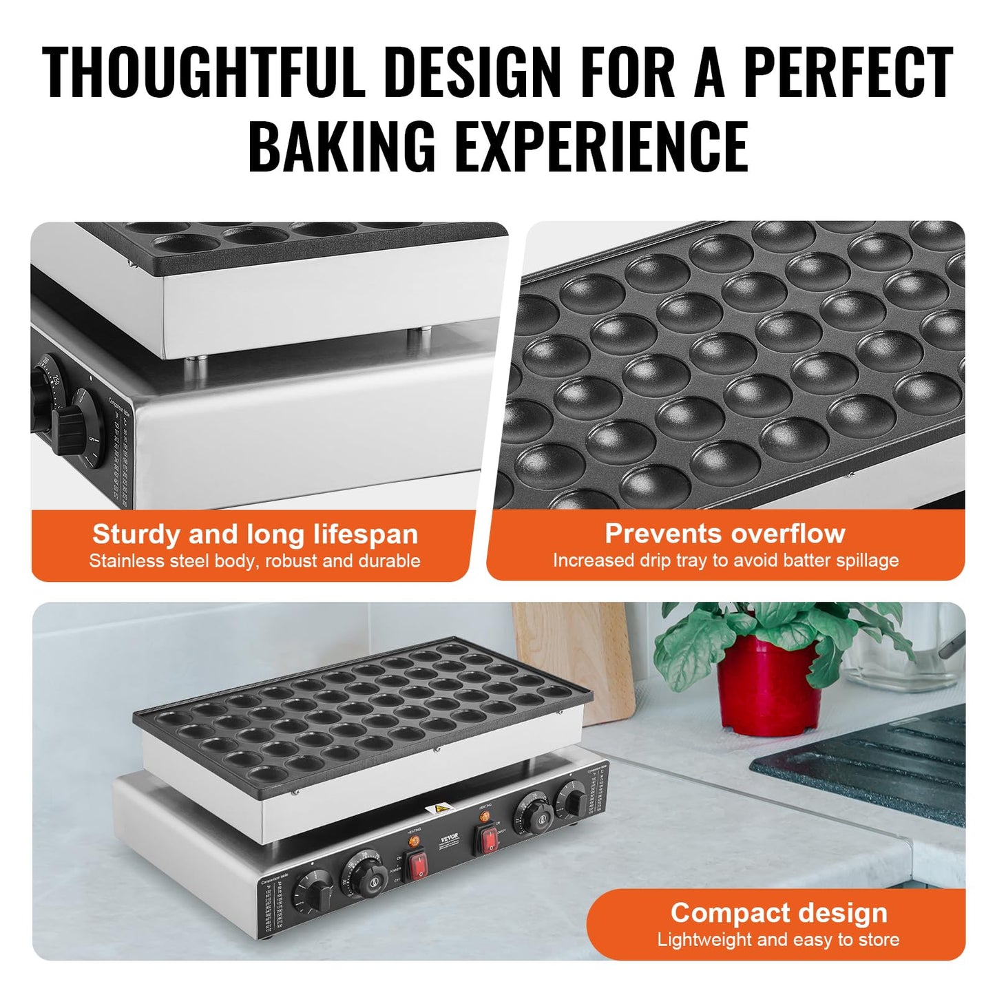 VEVOR 110V Mini Dutch Pancake Baker, 50PCS 1700W Commercial Electric Nonstick Waffle Maker Machine, 1.8 Inches Pancake Maker with 2 Thermostats & 2 Timers Separate Control, for Home and Restaurants