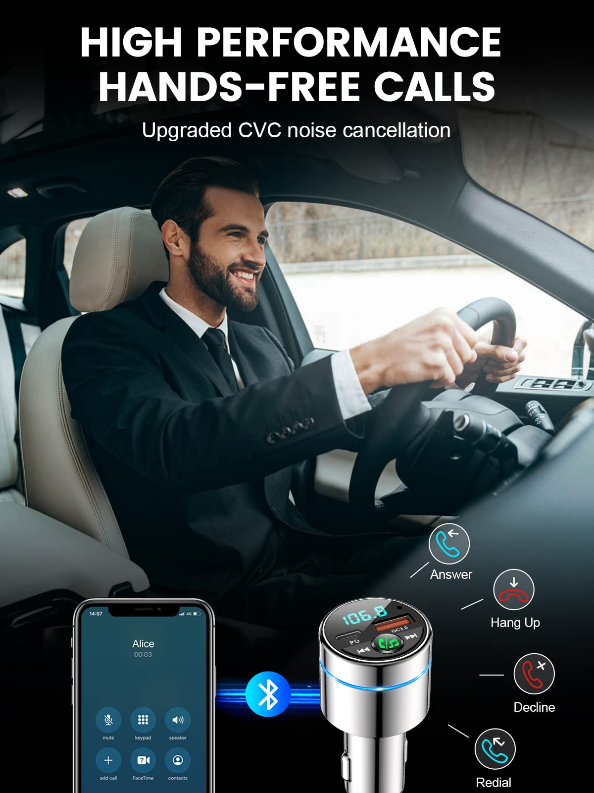 FM Transmitter for Bluetooth 5.3, [All-Metal] PD 30W & QC3.0 18W Fast Car Charger, Wireless FM Radio Kit Bluetooth Car Adapter, Noise Cancelling Hands-Free Call, Blue Light - Silver