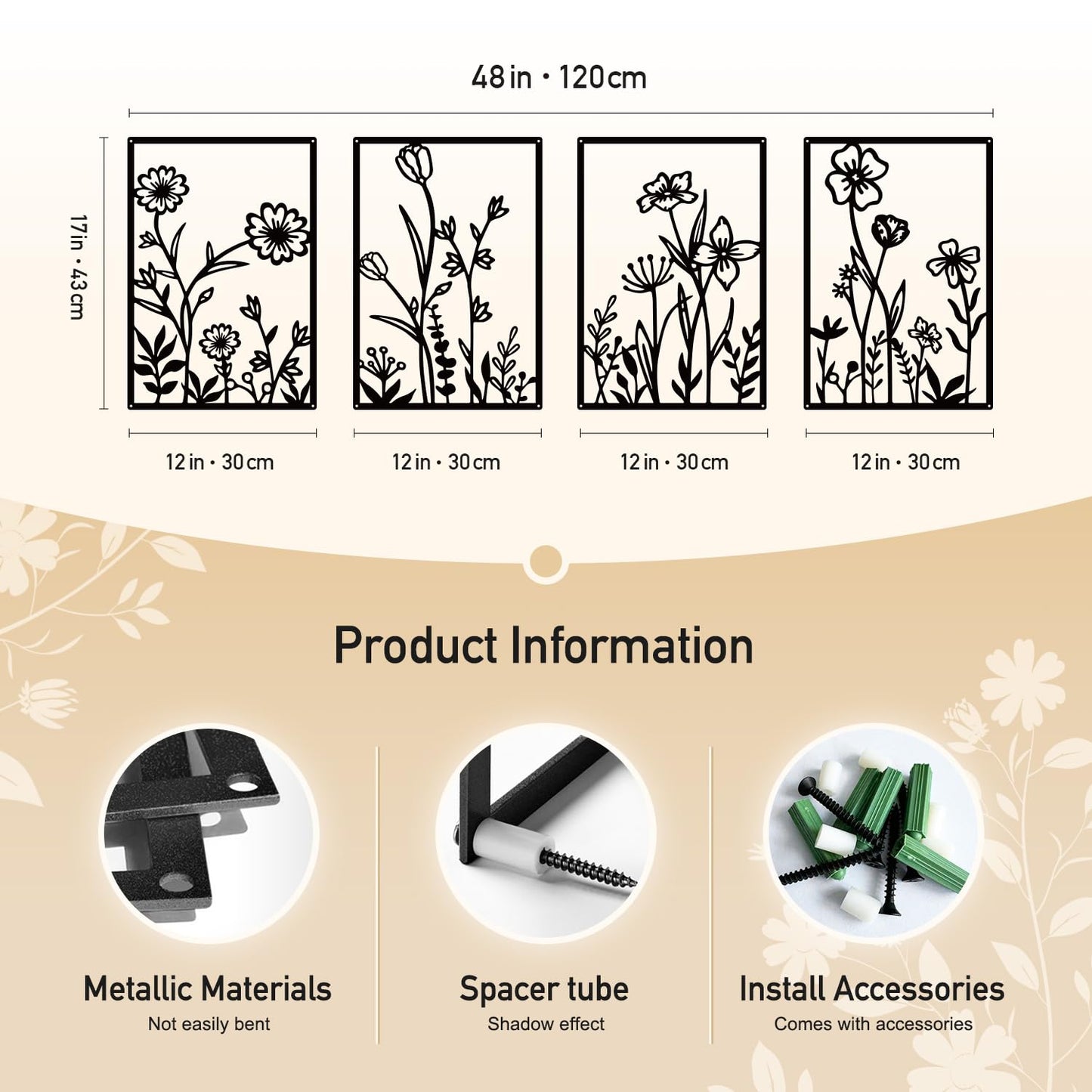 Sokurdeg Black Metal Flowers Wall Decor, Minimalist Floral Wall Hanging Art, Black Abstract Line Wall Art Sculptures for Bedroom Bathroom Living Room (4 Pcs, 12 x 17 in)