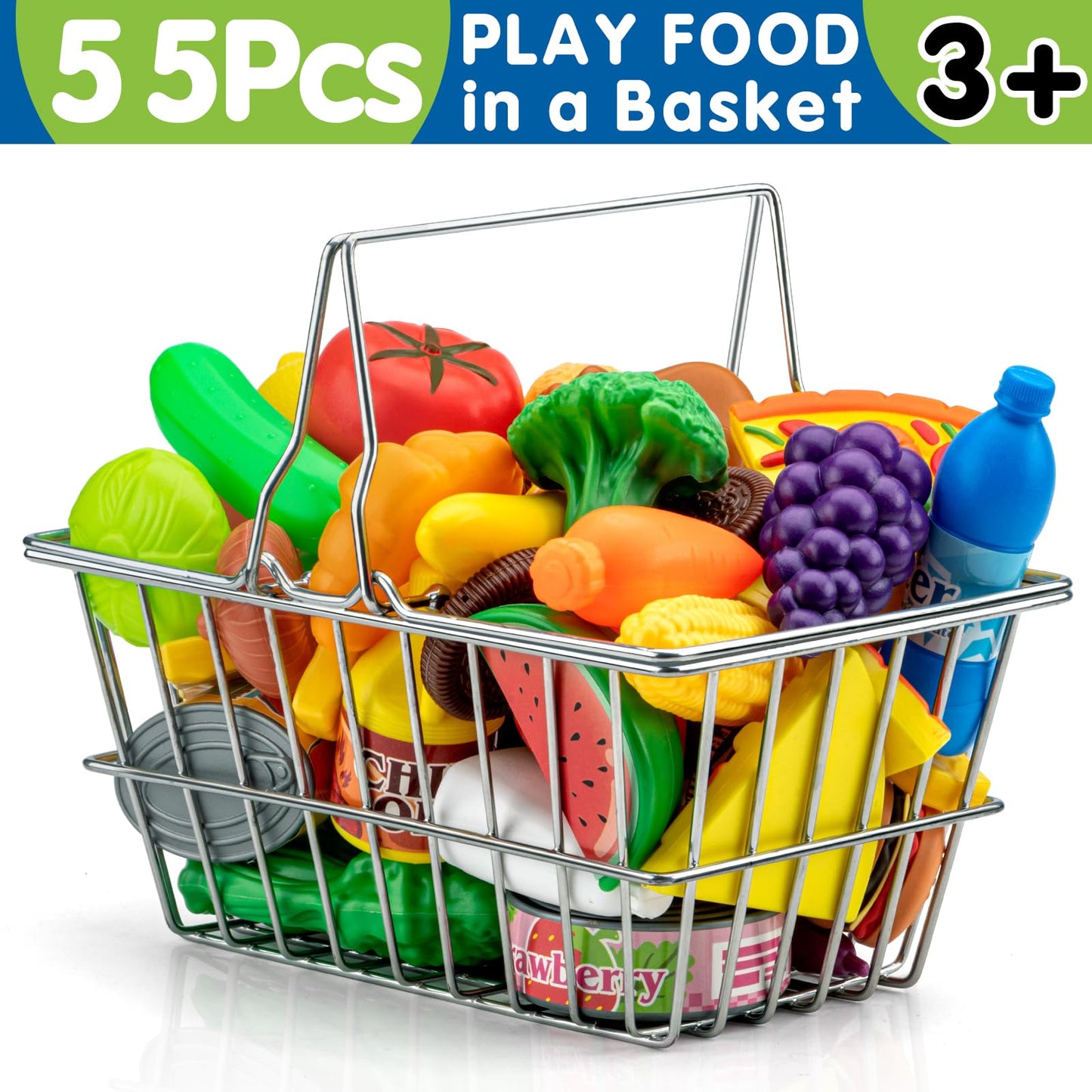 55 Pcs Grocery Store Pretend Play Food Set with Shopping Basket for Kids Toddlers 1-3 4-8, Kids Play Kitchen Accessories Plastic Fake Food Fruits and Vegetables Can Toy Gifts for Boys Girls